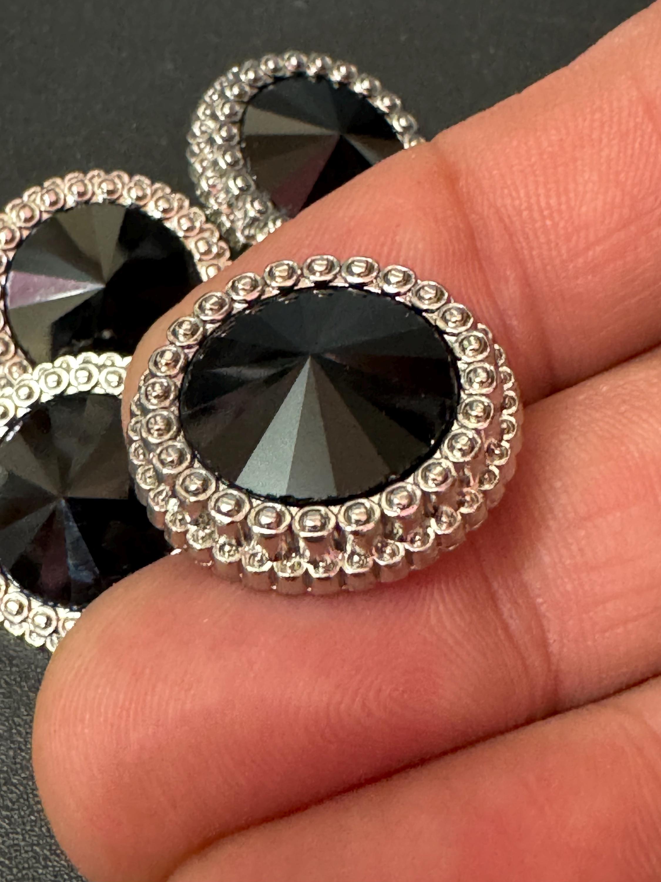 21mm Black Rivoli Crystal Glass Buttons, Pack of 5, Silver Tone Metal Shank