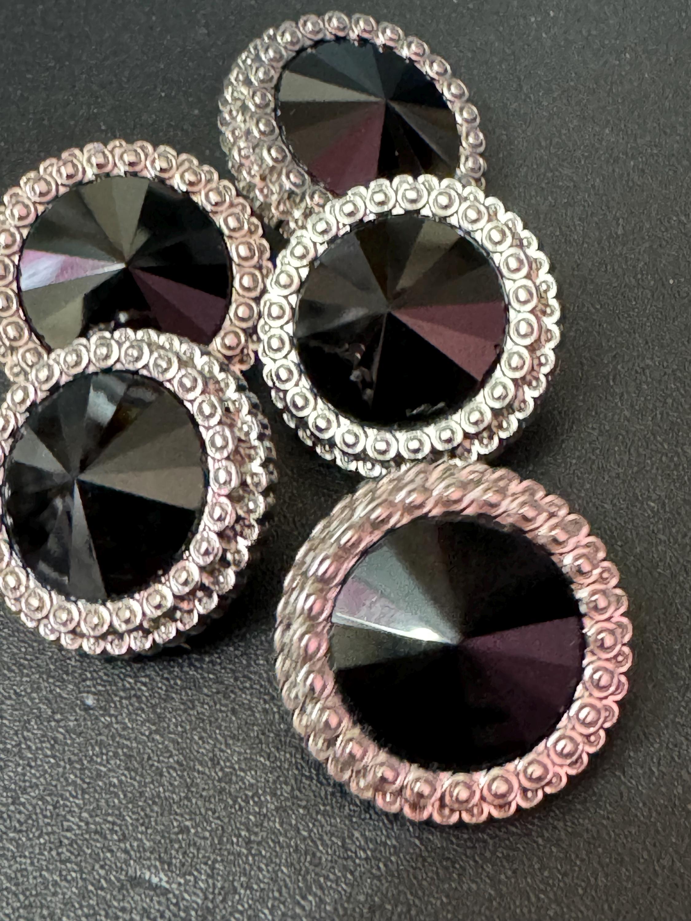 21mm Black Rivoli Crystal Glass Buttons, Pack of 5, Silver Tone Metal Shank