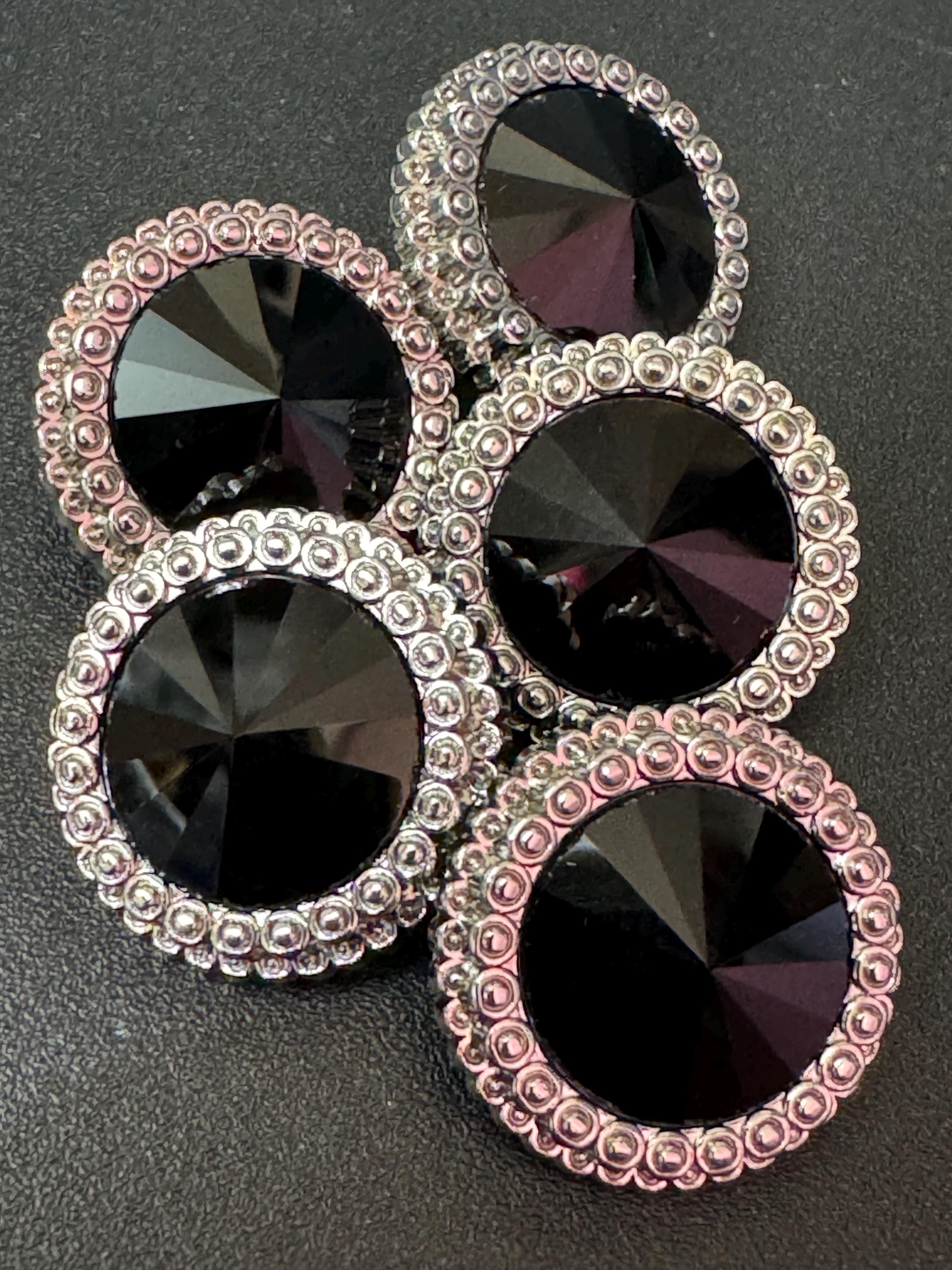 21mm Black Rivoli Crystal Glass Buttons, Pack of 5, Silver Tone Metal Shank