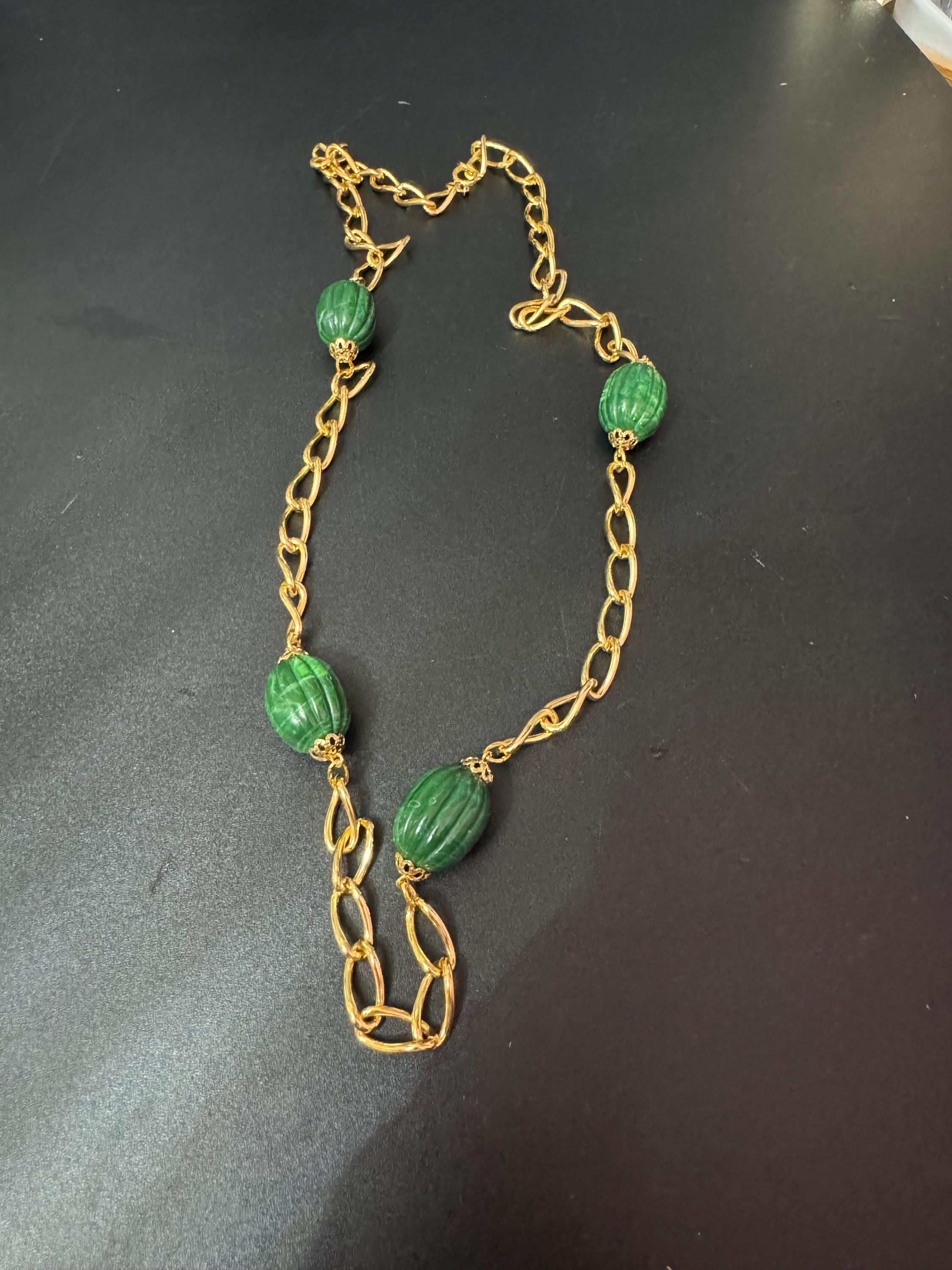 1980s Gold Plated Green Beaded Station Necklace - 23.5”