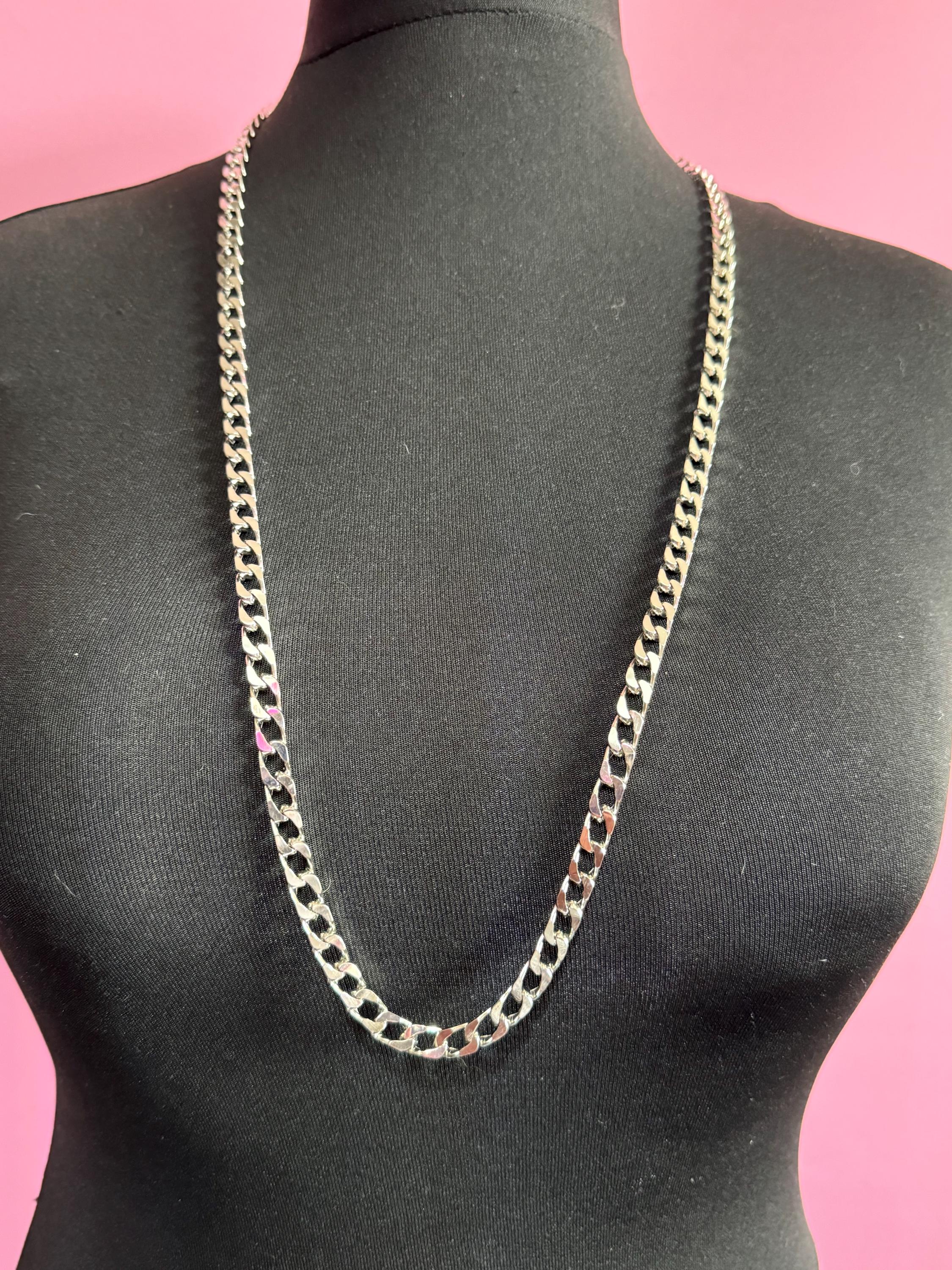 Vintage 80s Silver Plated Curb Chain Necklace - 27.5" Long