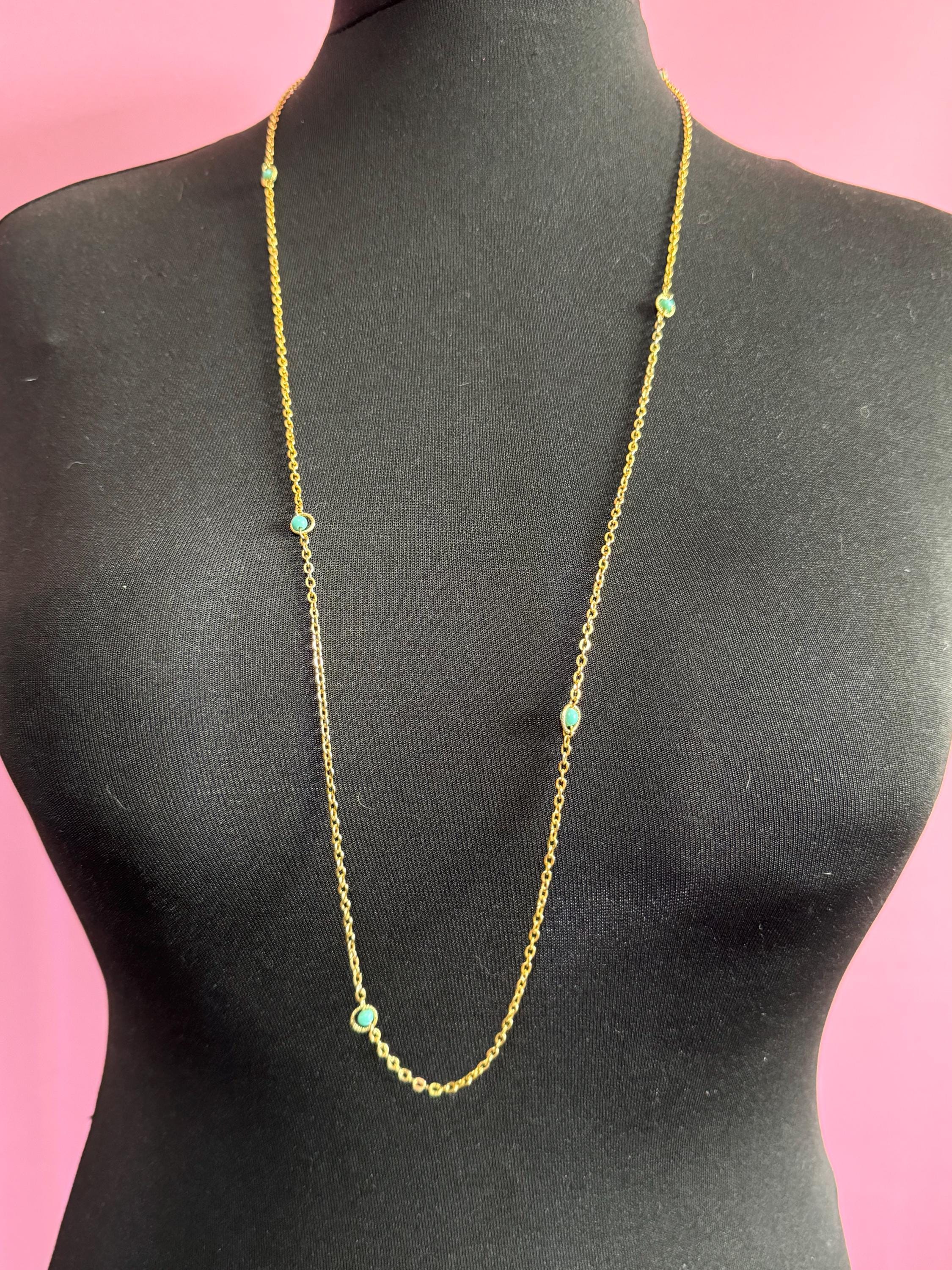 Turquoise Bead long gold chain Necklace - Layering 1980s
