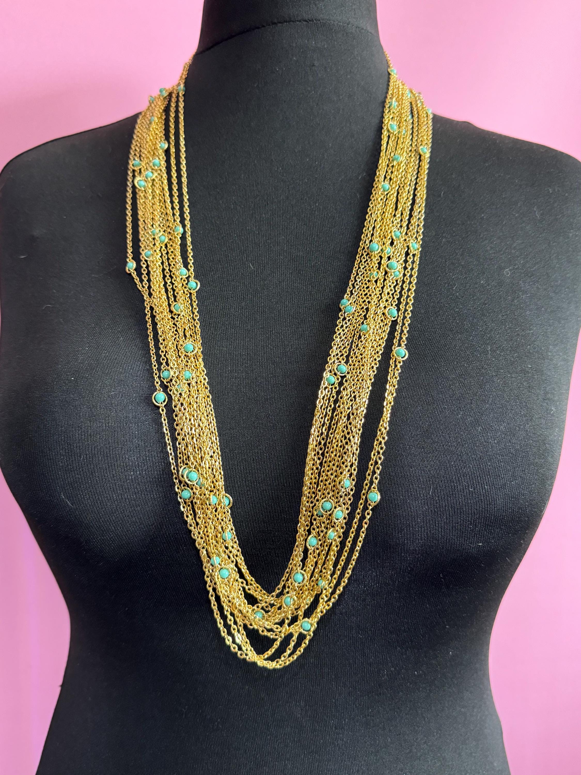 Turquoise Bead long gold chain Necklace - Layering 1980s