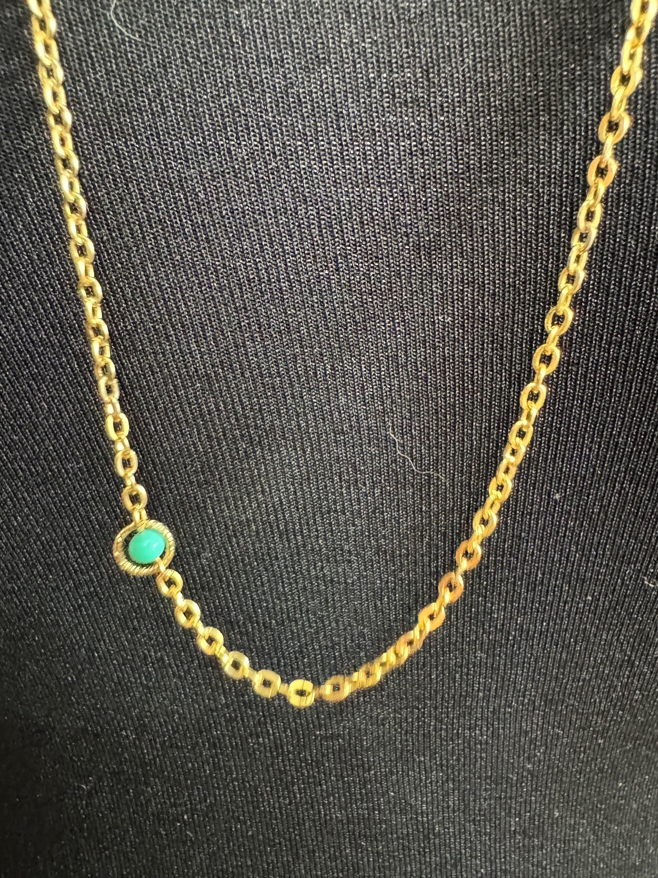 Turquoise Bead long gold chain Necklace - Layering 1980s