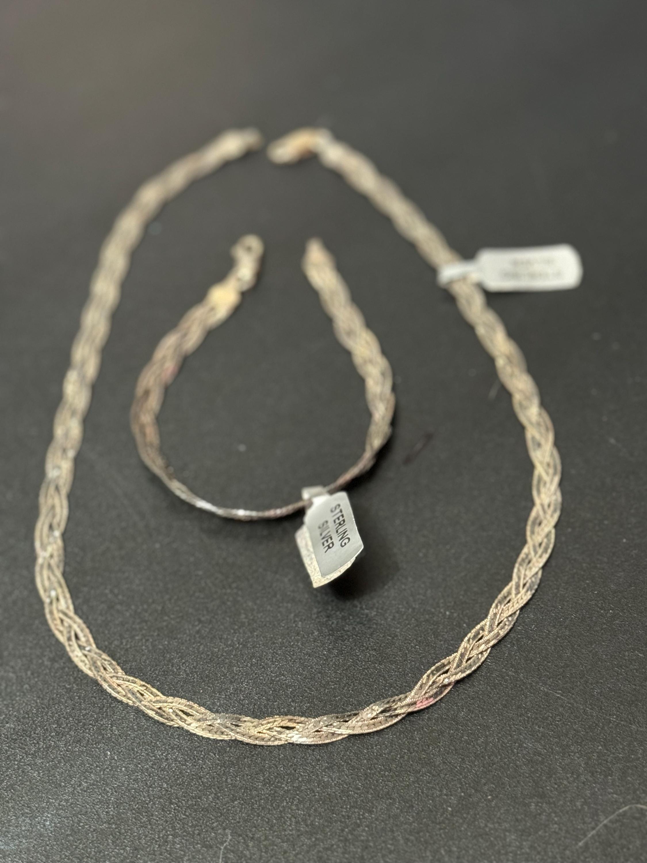 Matching sterling 925 silver woven plaited flat necklace and bracelet jewellery set