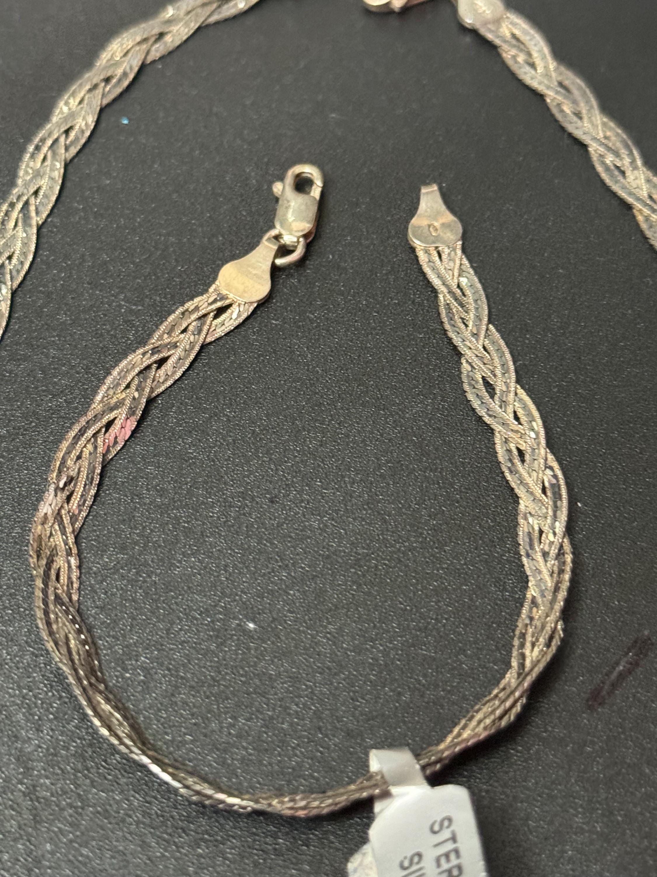 Matching sterling 925 silver woven plaited flat necklace and bracelet jewellery set