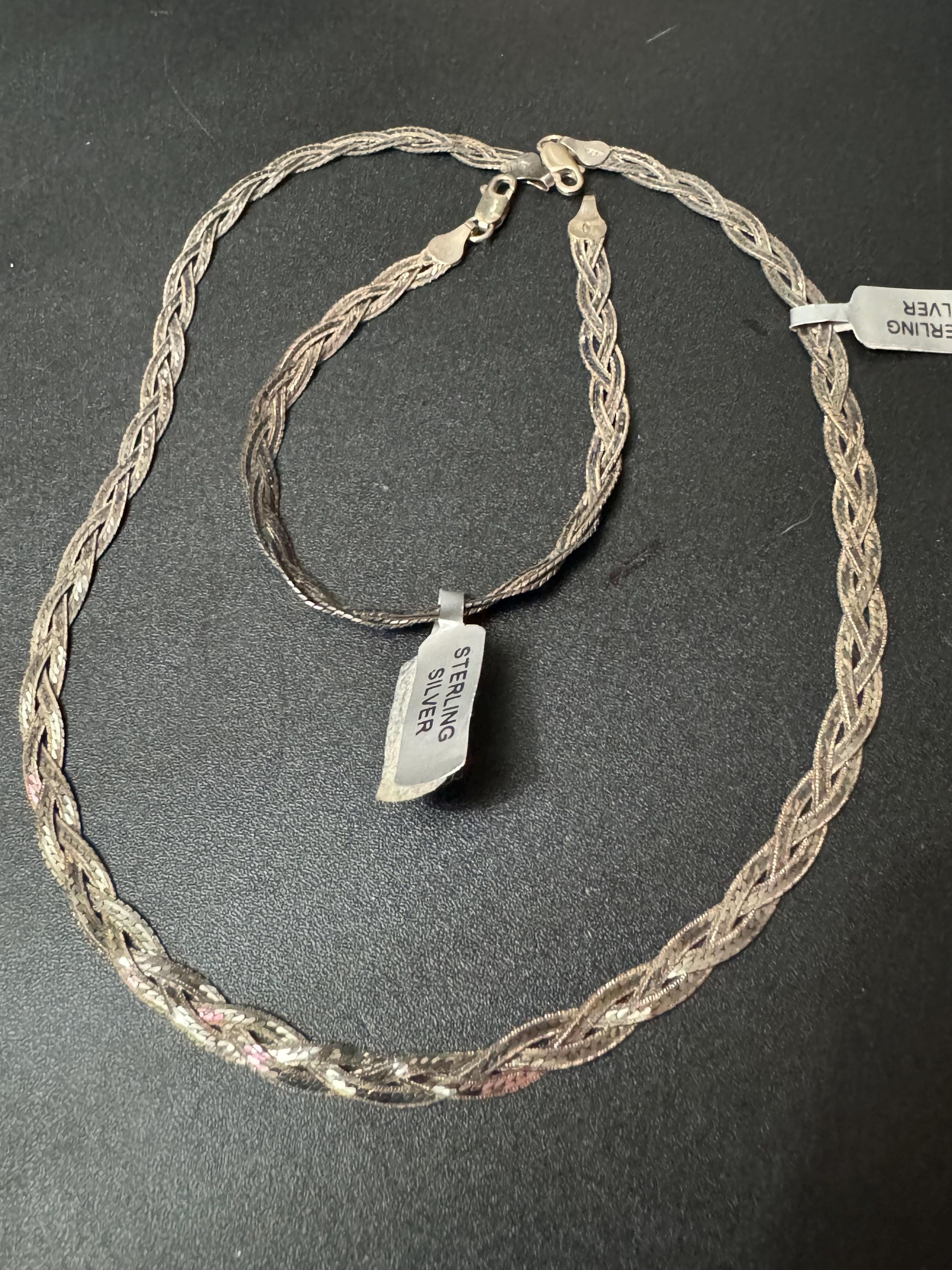 Matching sterling 925 silver woven plaited flat necklace and bracelet jewellery set