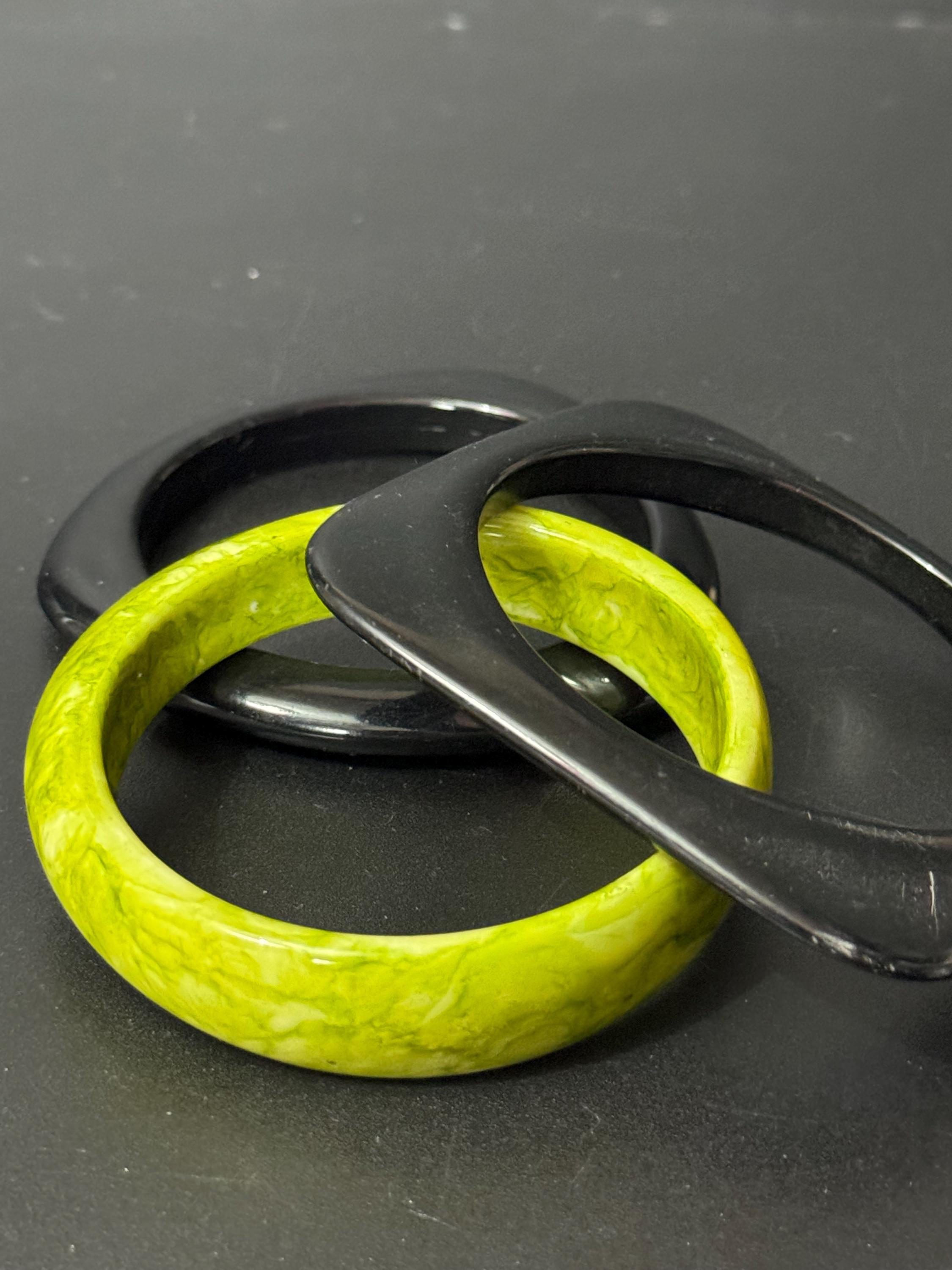 LIME GREEN and black stack of vintage plastic bangles