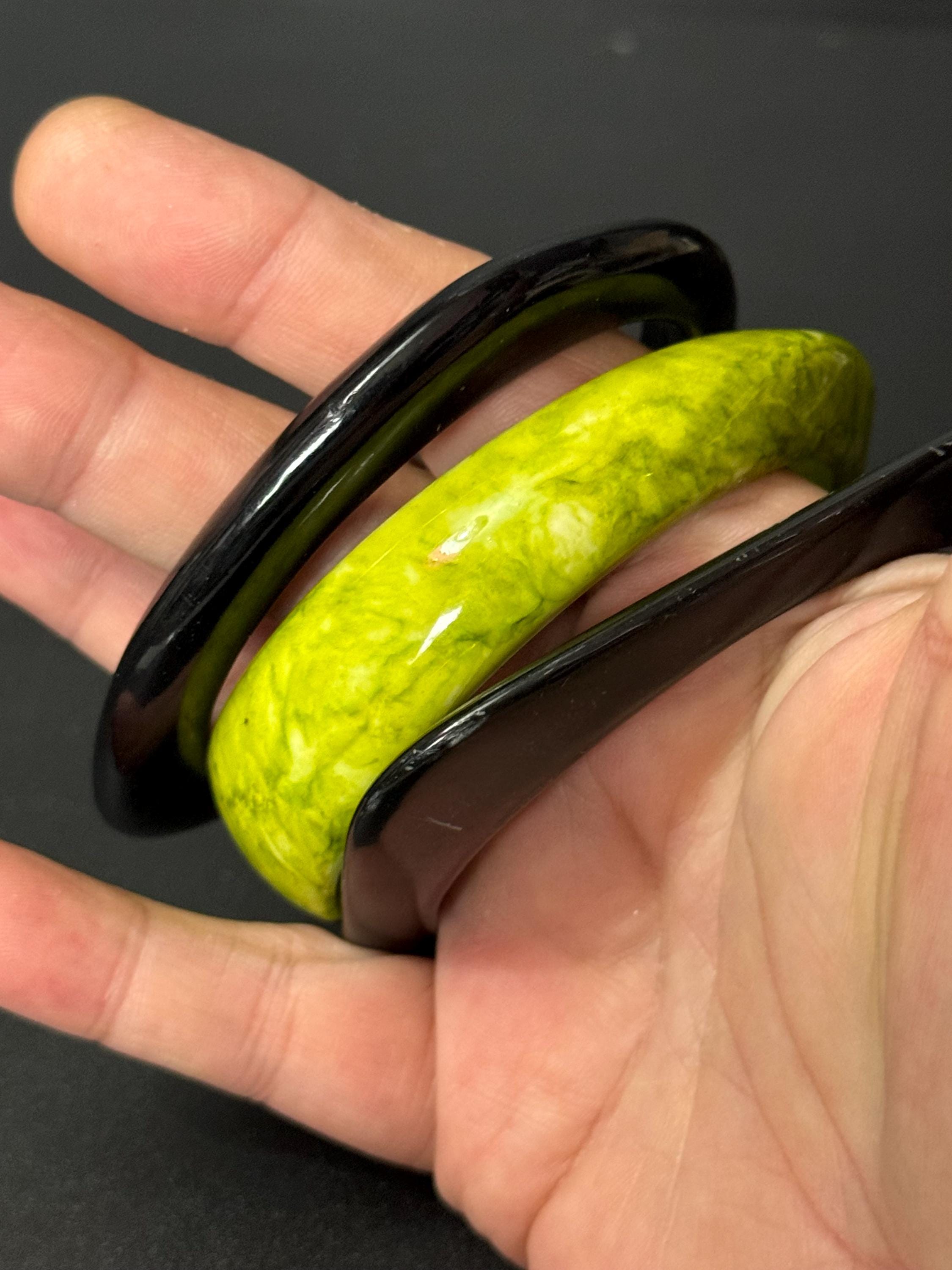 LIME GREEN and black stack of vintage plastic bangles