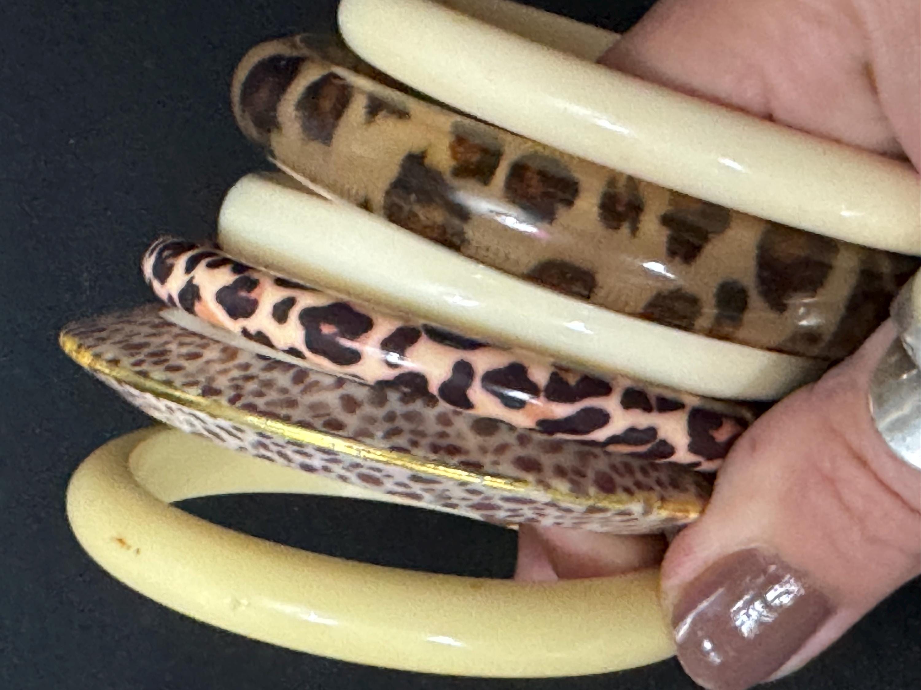 Cream brown yellow animal print beige stack of vintage retro plastic bangles