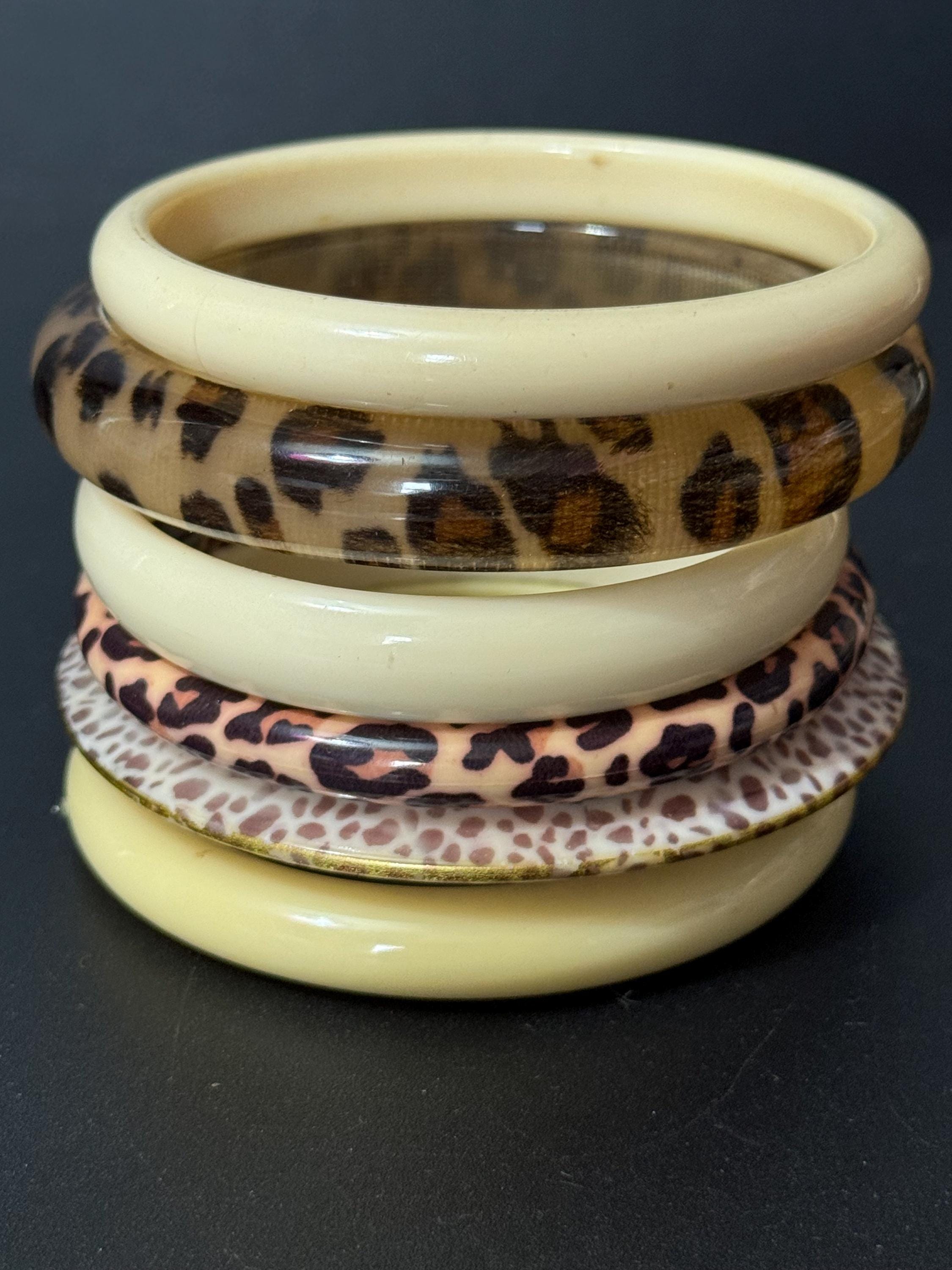 Cream brown yellow animal print beige stack of vintage retro plastic bangles