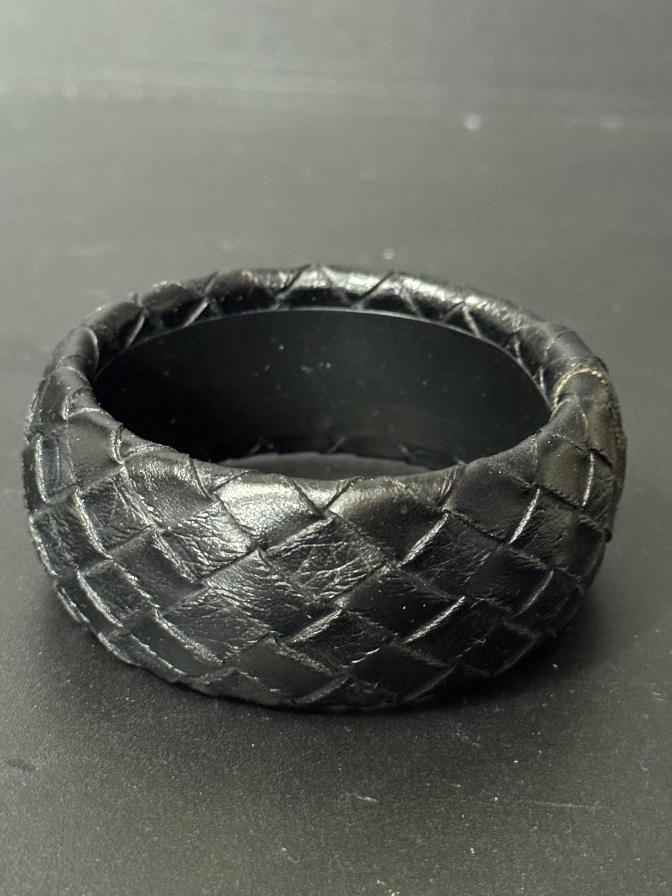 Vintage retro big black woven leather wide bangle boho