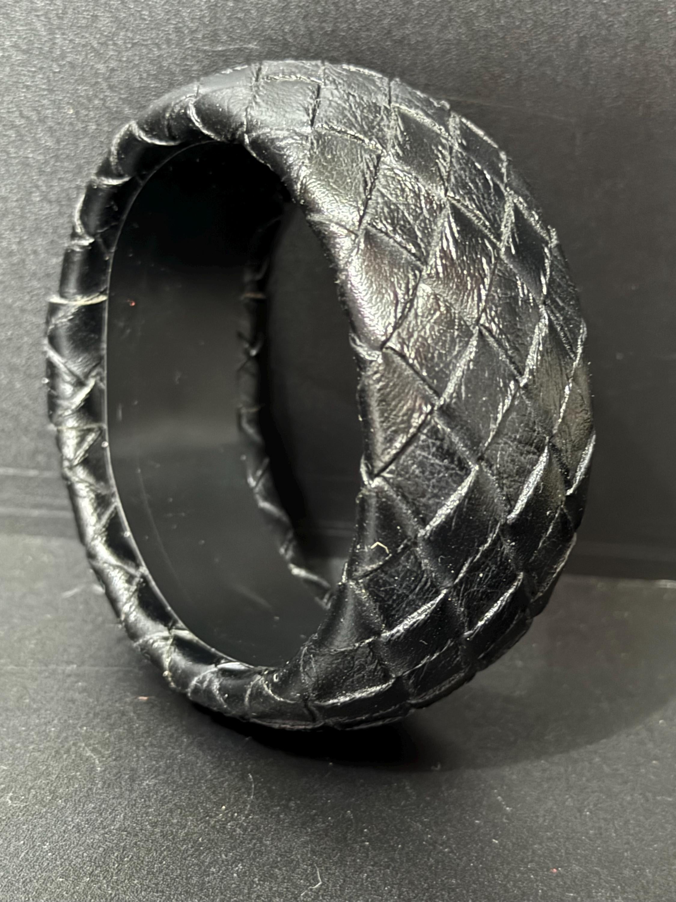 Vintage retro big black woven leather wide bangle boho