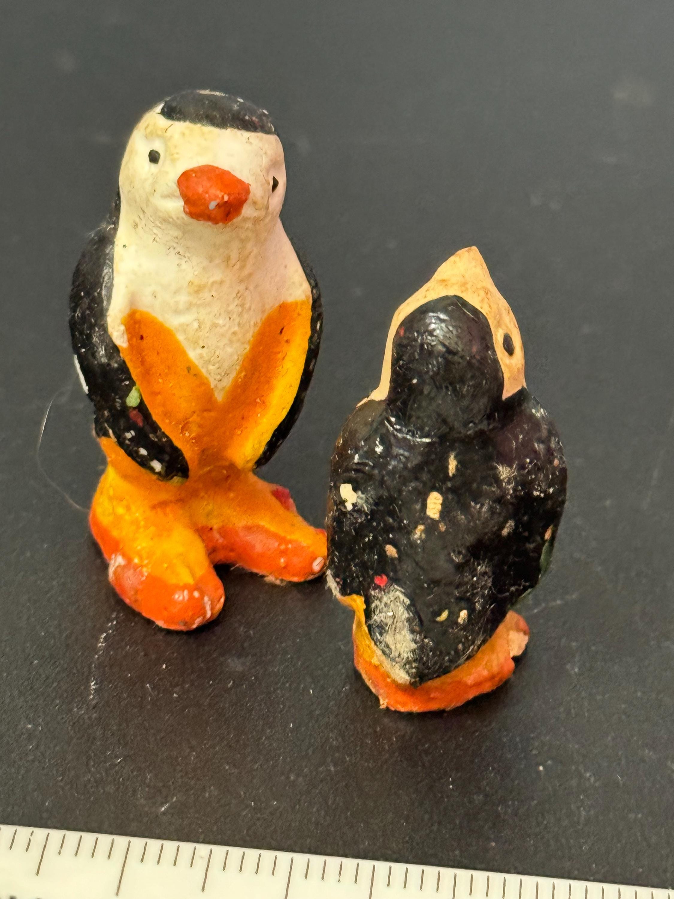 2 x Antique PLASTER bisque Black penguins Christmas Xmas Cake topper decoration