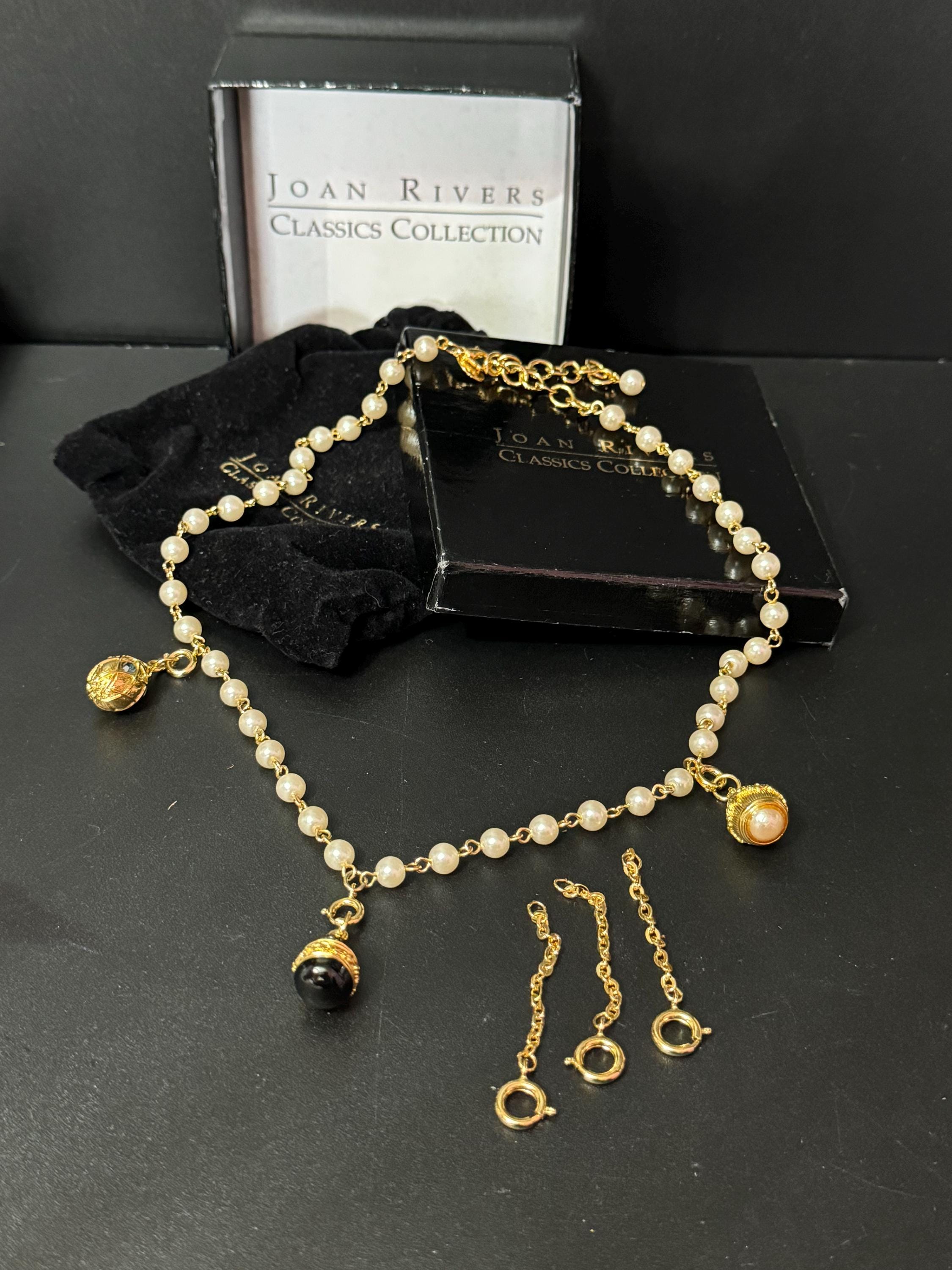 Joan Rivers glass pearl necklace with 3 faberge inspired enamelled egg pendants, signed