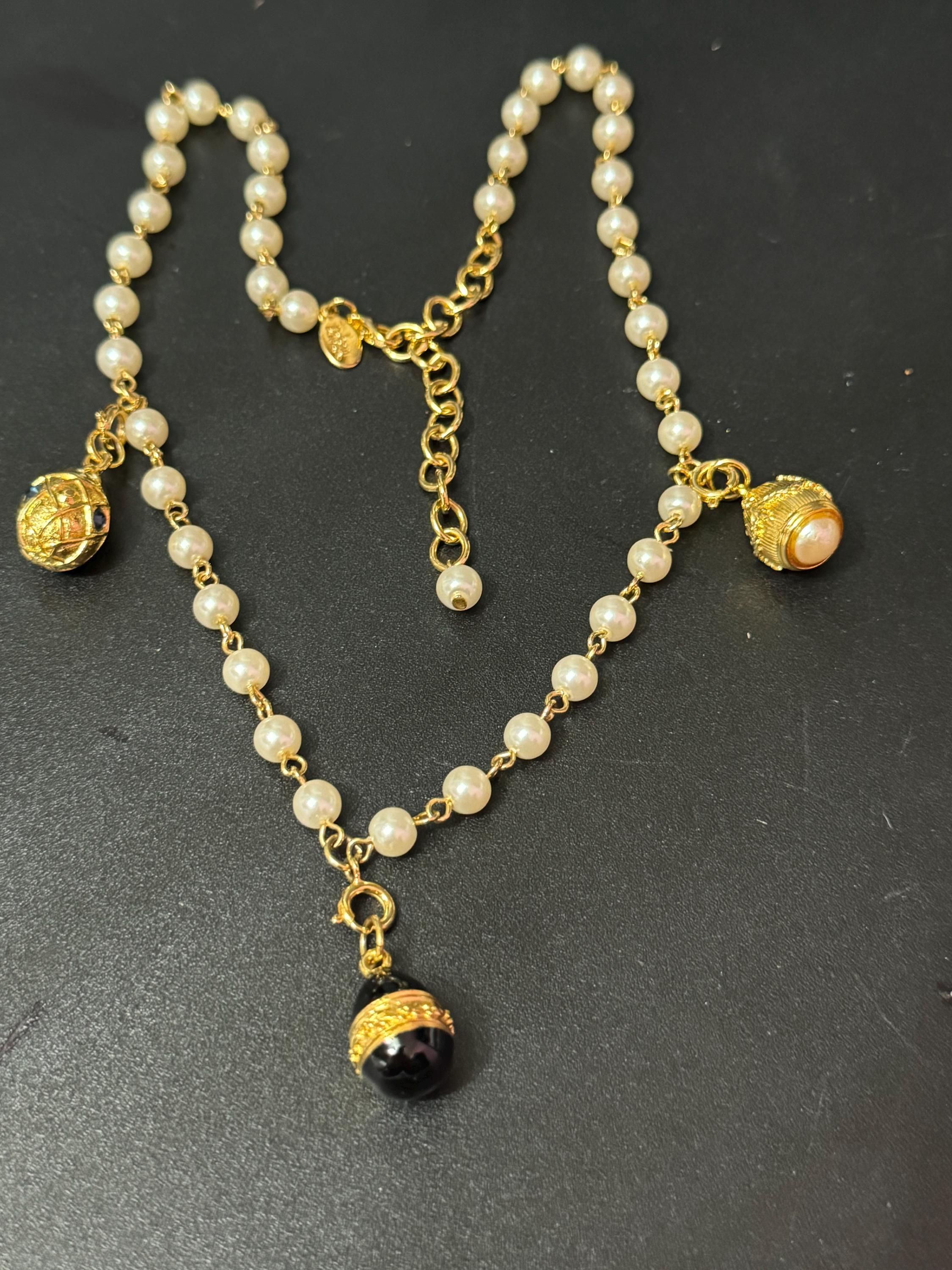 Joan Rivers glass pearl necklace with 3 faberge inspired enamelled egg pendants, signed