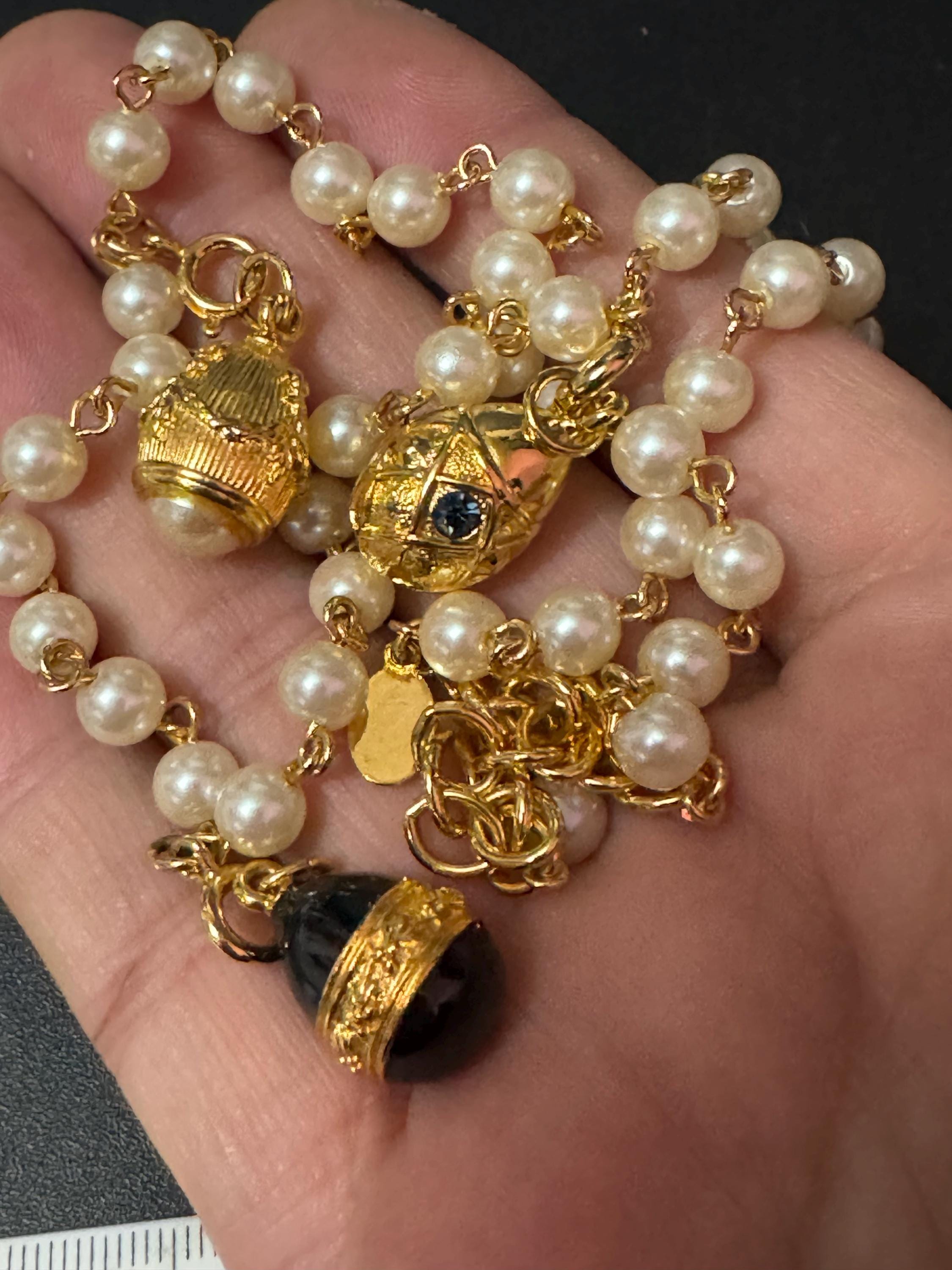 Joan Rivers glass pearl necklace with 3 faberge inspired enamelled egg pendants, signed