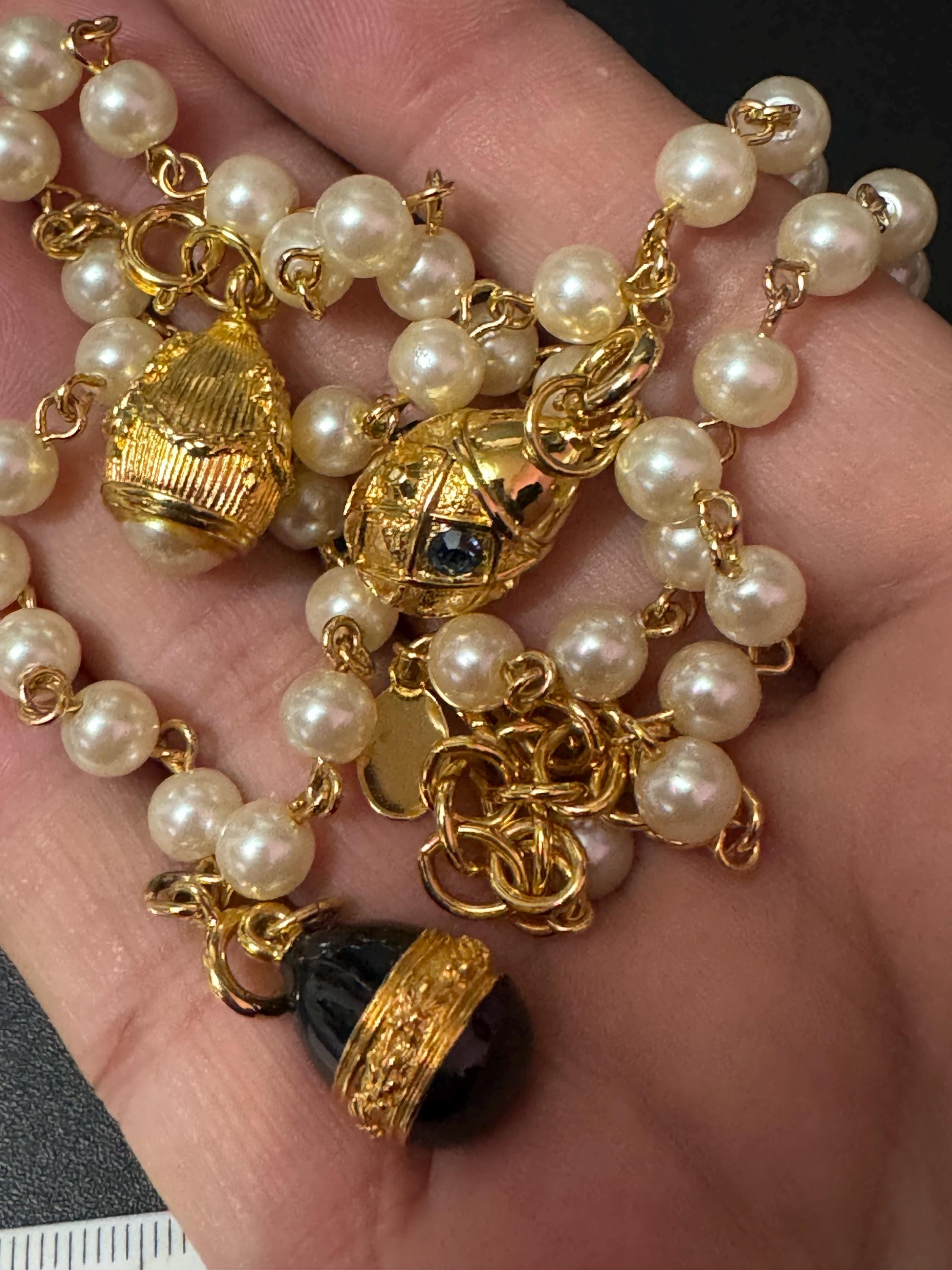 Joan Rivers glass pearl necklace with 3 faberge inspired enamelled egg pendants, signed