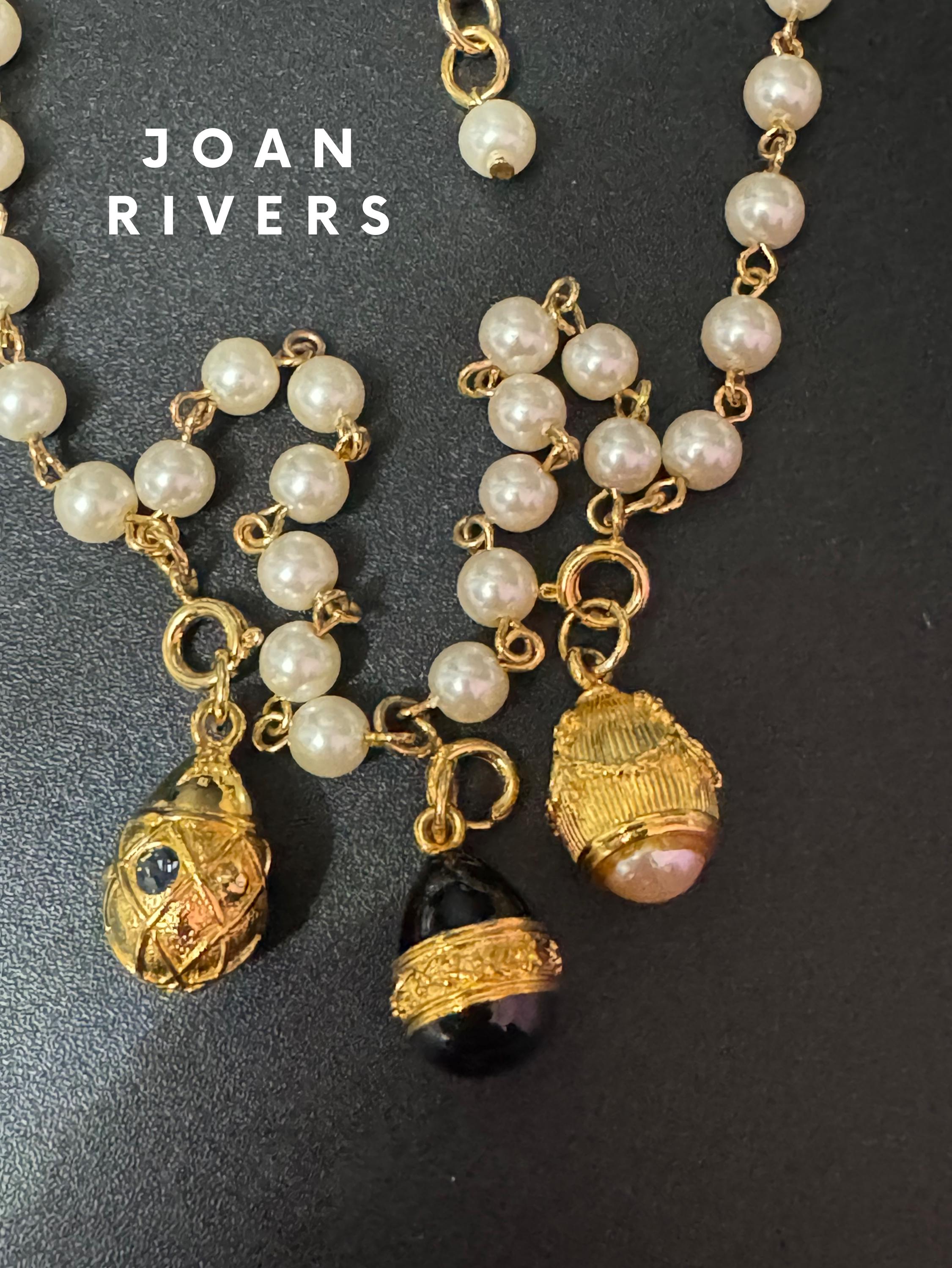 Joan Rivers glass pearl necklace with 3 faberge inspired enamelled egg pendants, signed