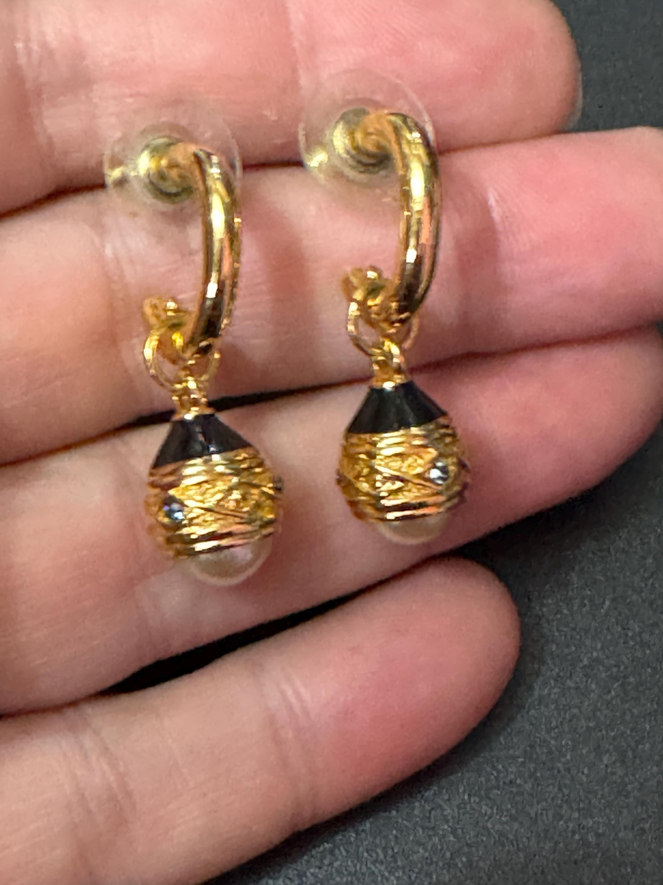 Joan rivers faberge egg inspired black enamel pearl gold pierced hoop drop earrings