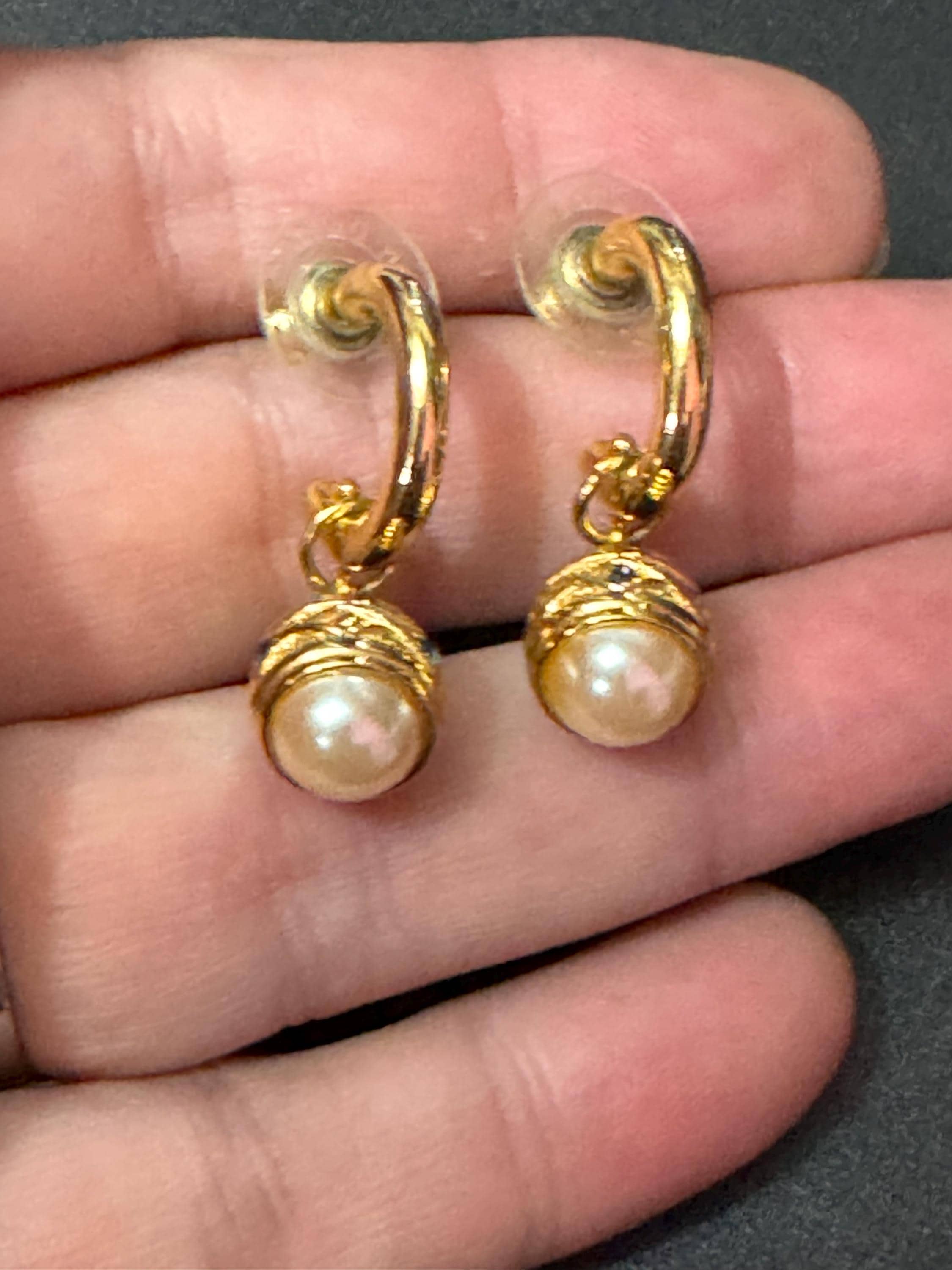 Joan rivers faberge egg inspired black enamel pearl gold pierced hoop drop earrings