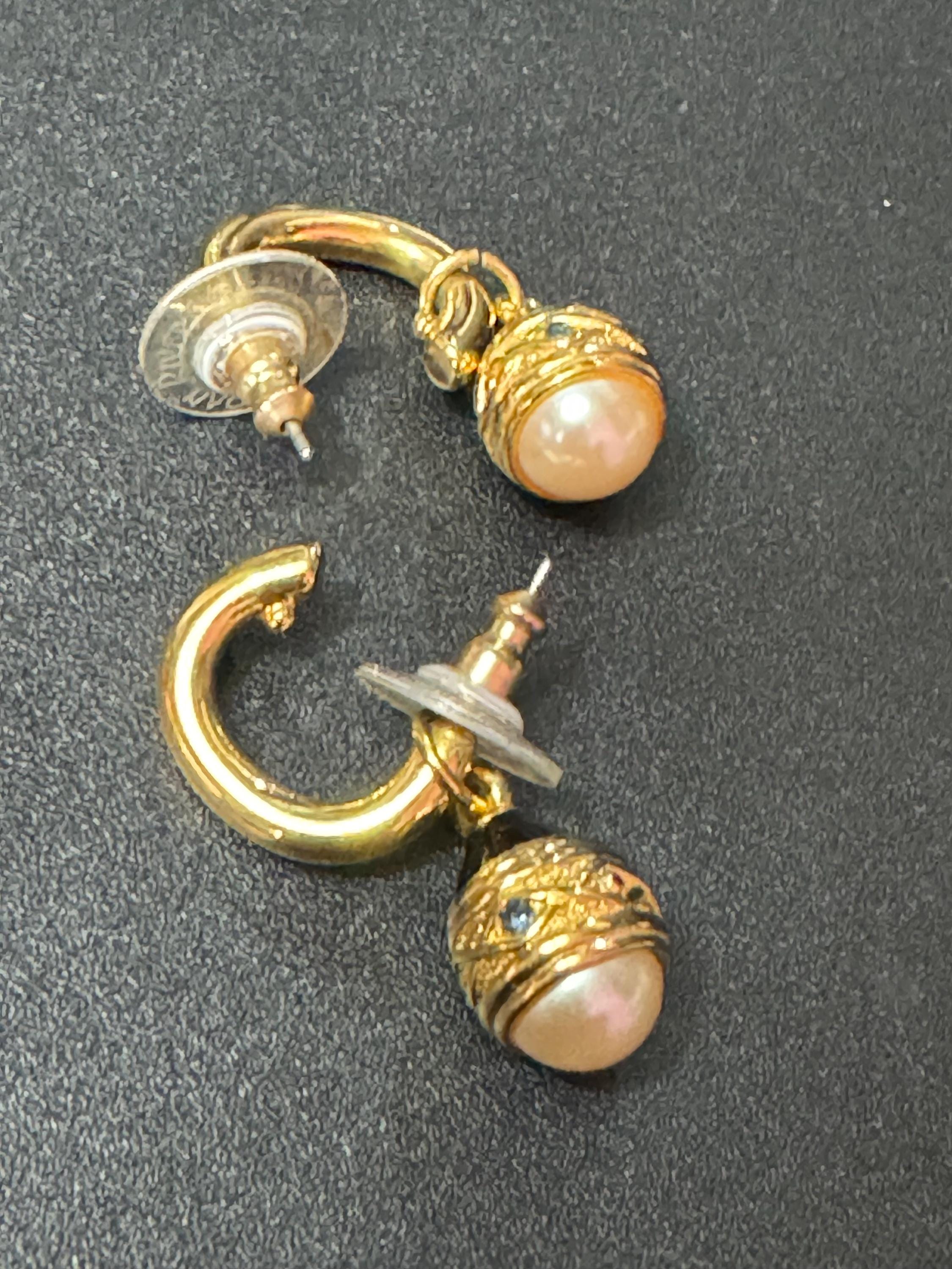 Joan rivers faberge egg inspired black enamel pearl gold pierced hoop drop earrings