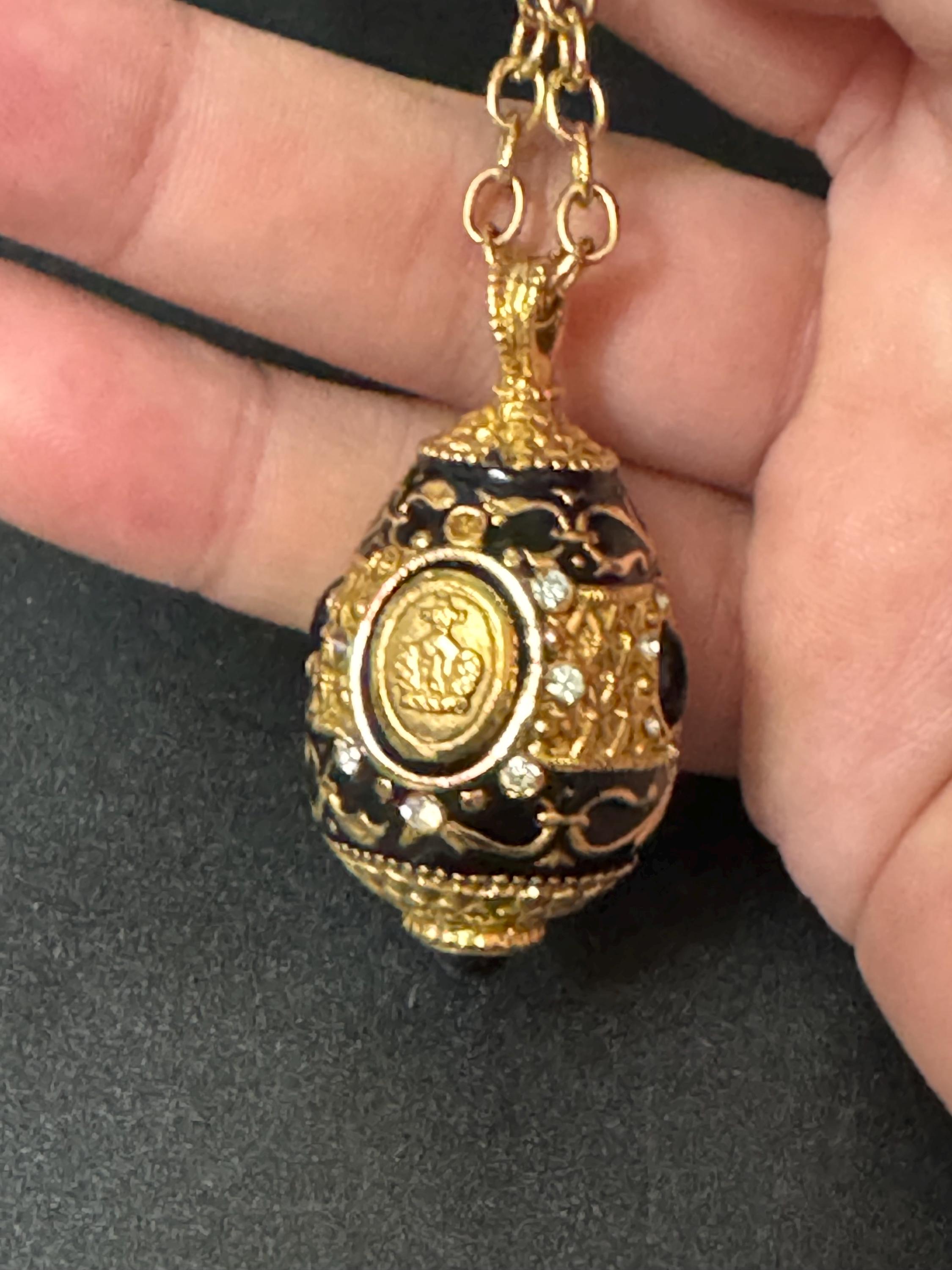 Joan Rivers Faberge Style Egg Pendant Necklace: Black Enamel Diamanté, 84cm Chain