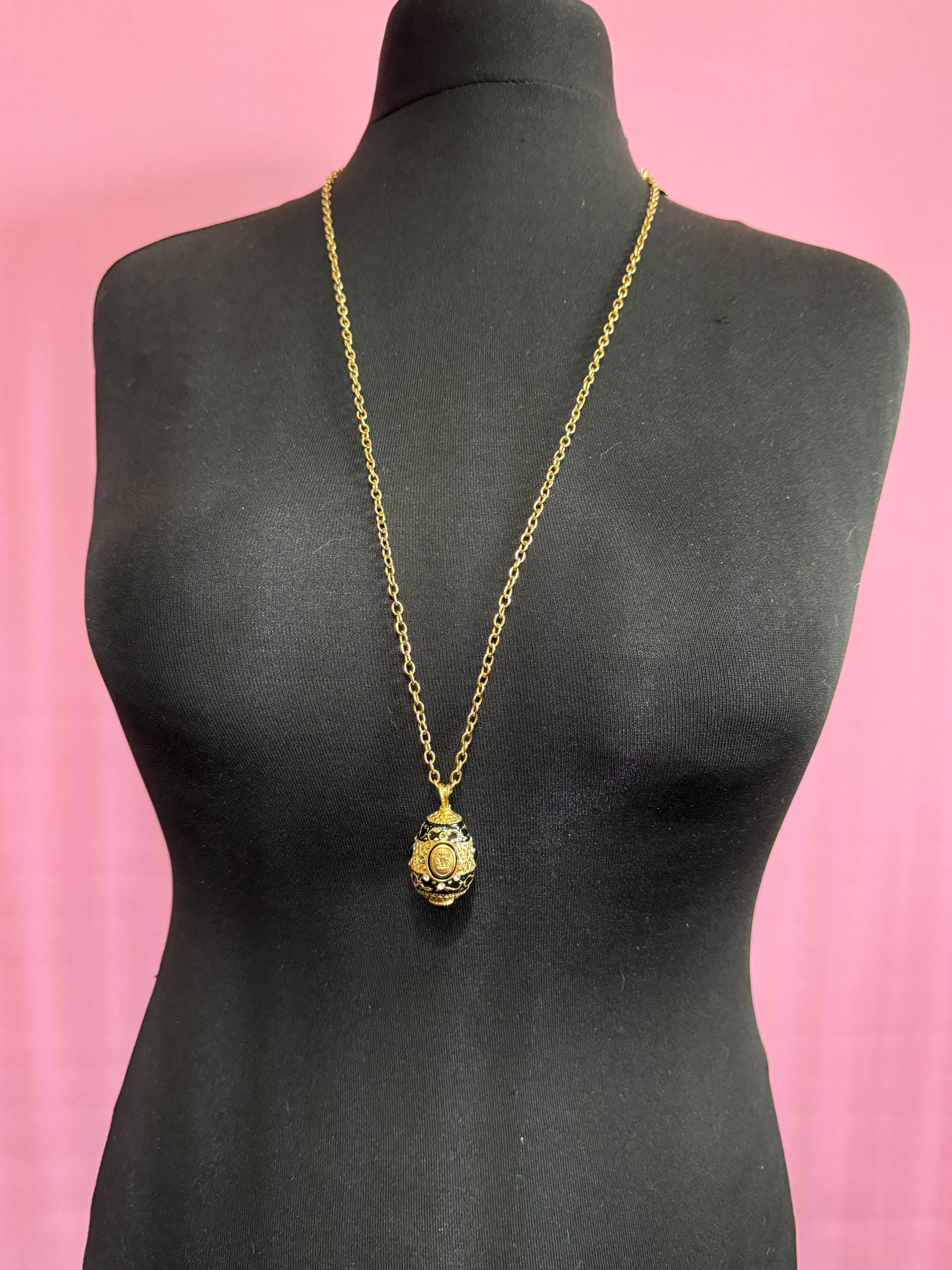 Joan Rivers Faberge Style Egg Pendant Necklace: Black Enamel Diamanté, 84cm Chain
