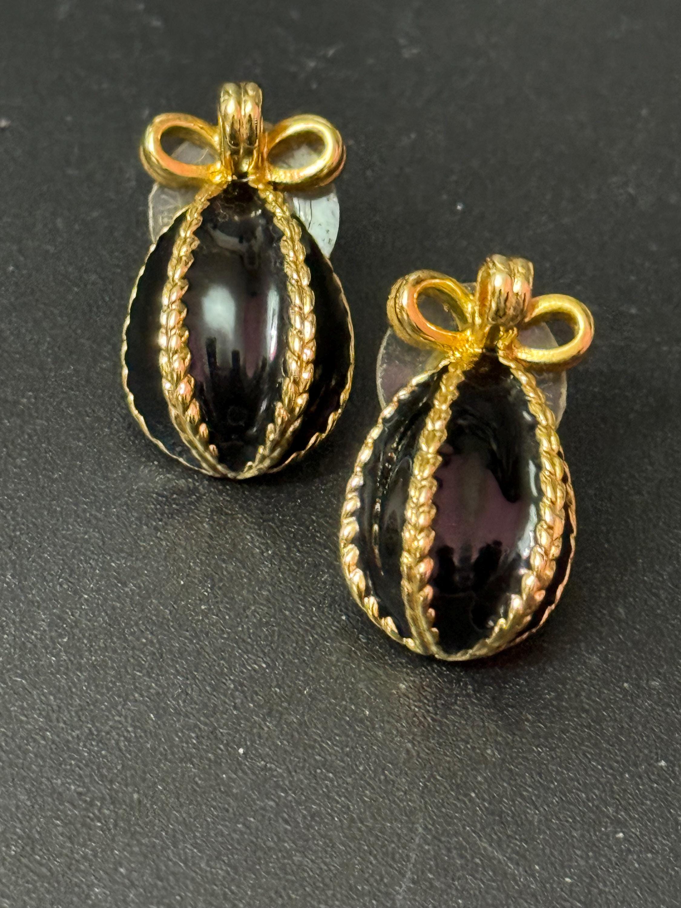 Joan rivers faberge egg inspired black enamel pearl gold pierced stud earrings