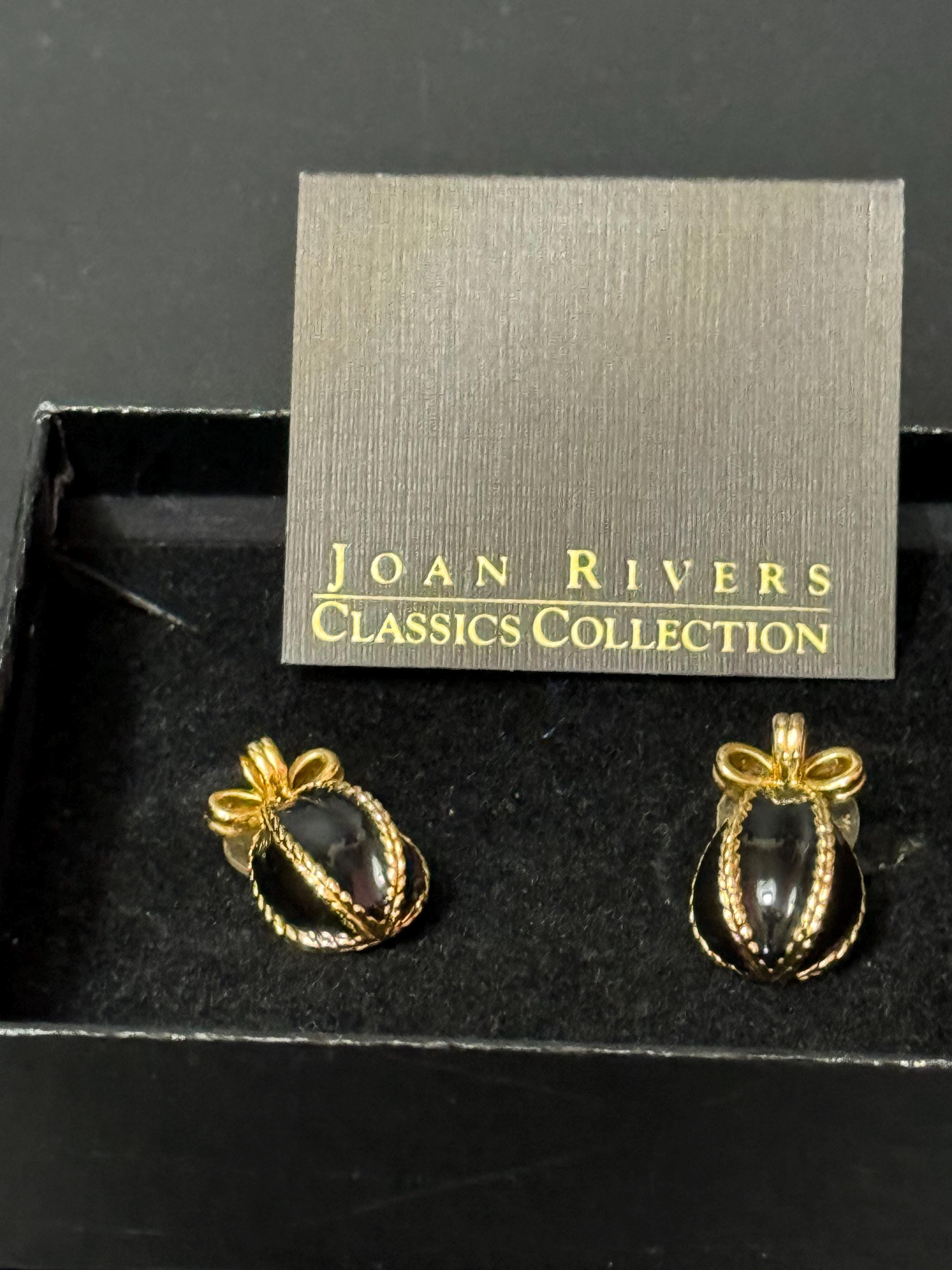 Joan rivers faberge egg inspired black enamel pearl gold pierced stud earrings