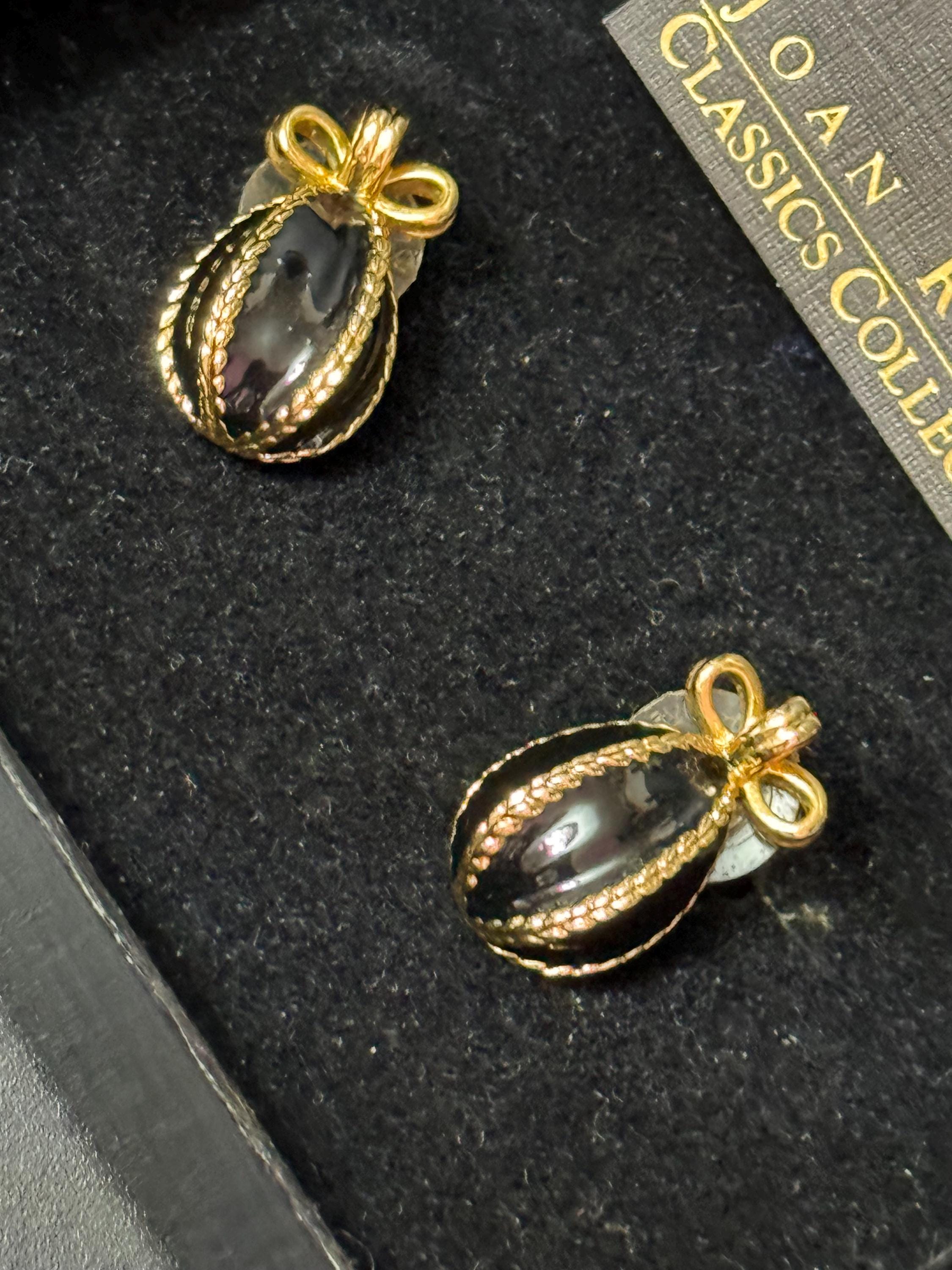 Joan rivers faberge egg inspired black enamel pearl gold pierced stud earrings
