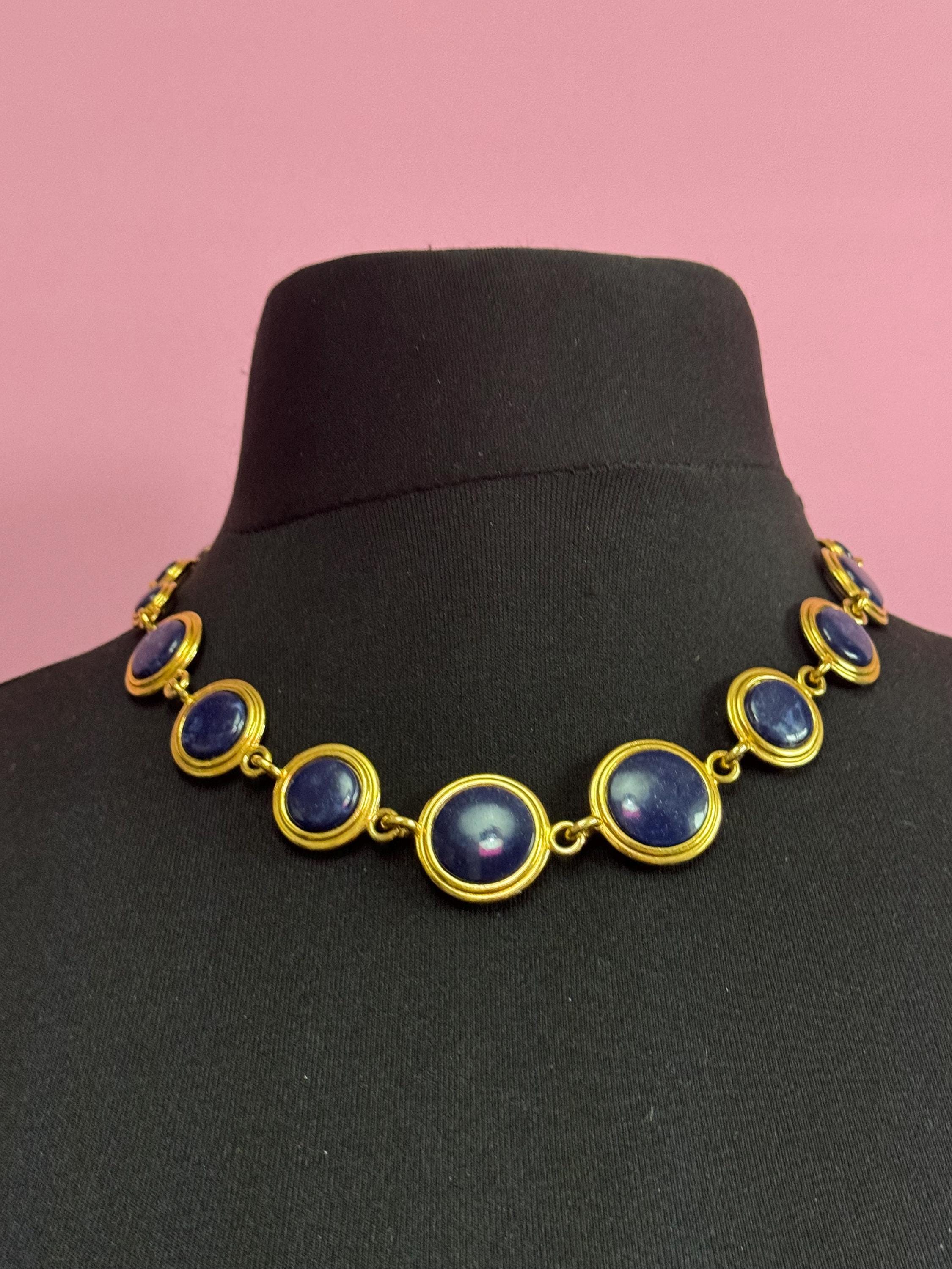 Liz Claiborne gold reversible blue and white disc necklace