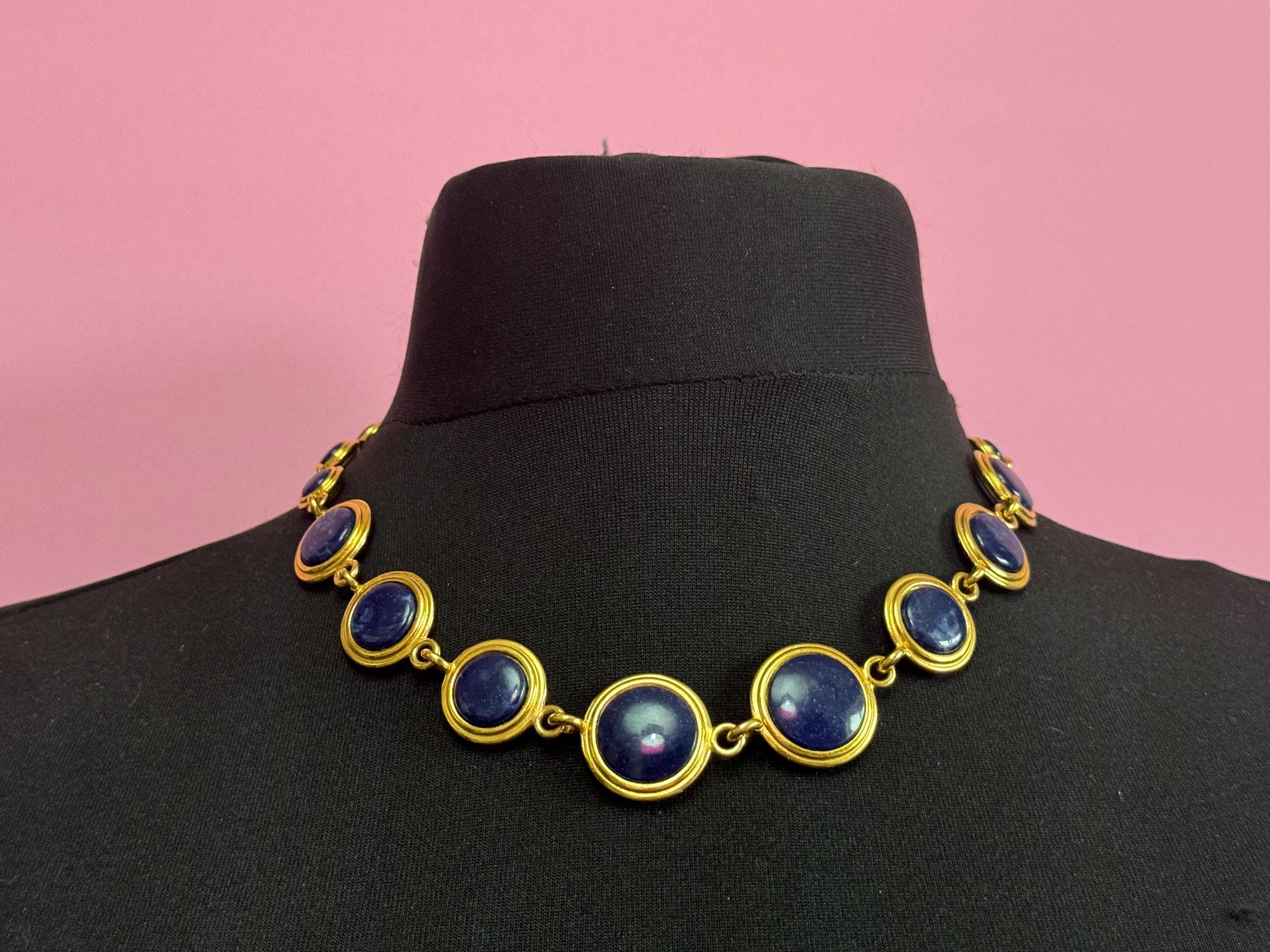 Liz Claiborne gold reversible blue and white disc necklace