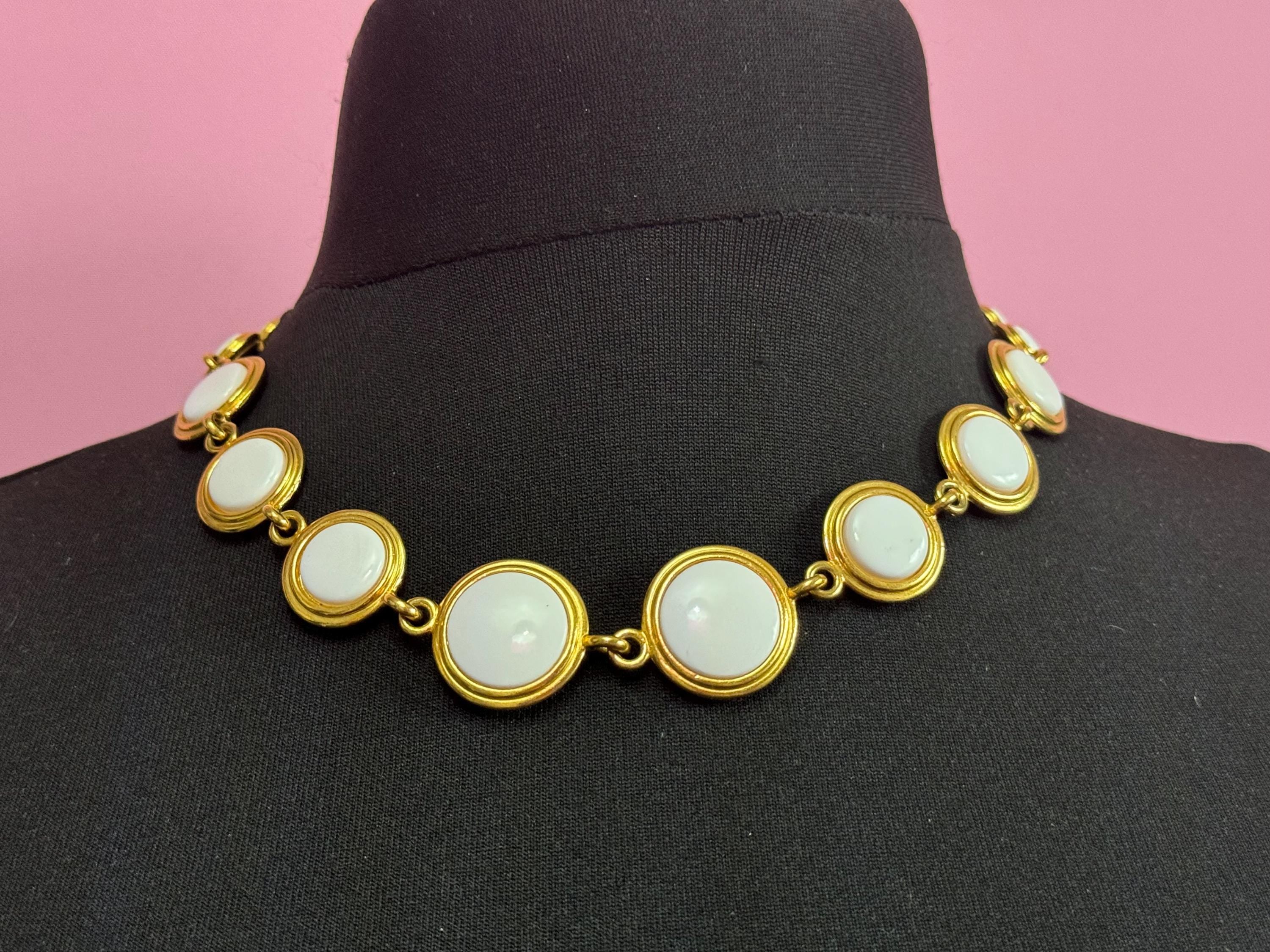Liz Claiborne gold reversible blue and white disc necklace