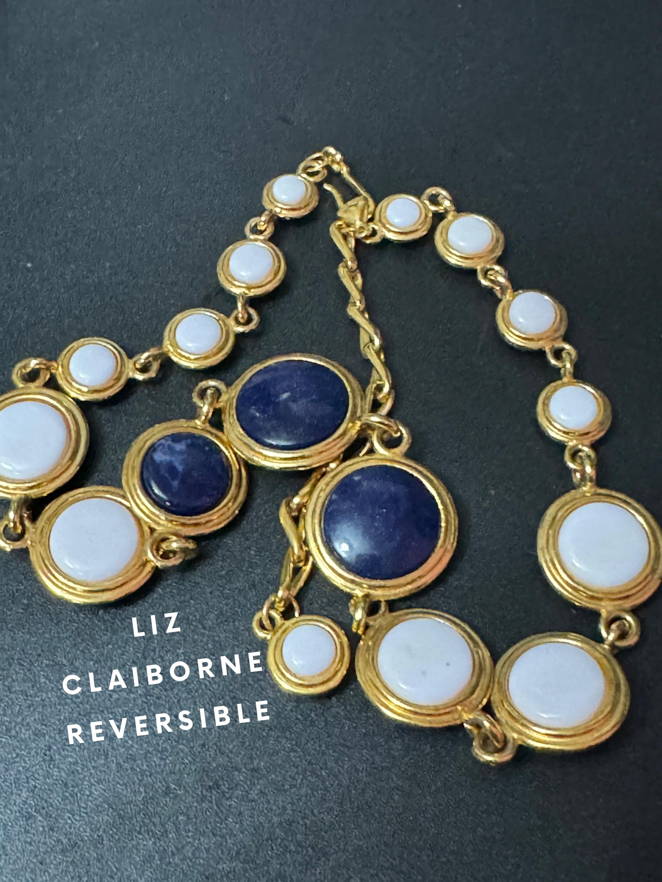 Liz Claiborne gold reversible blue and white disc necklace
