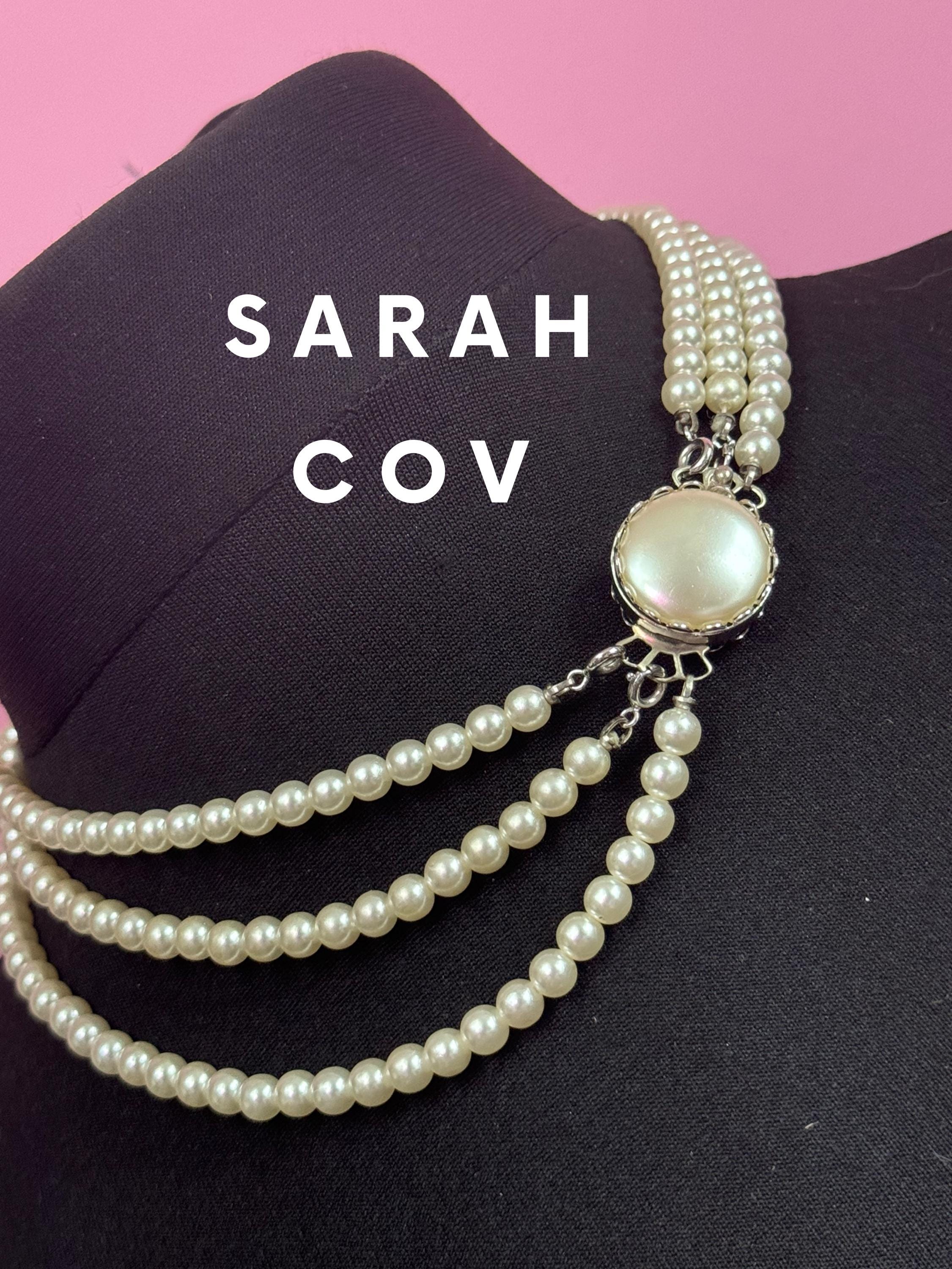 Vintage sarah Coventry faux pearl multi strand 3 row collar necklace reversable clasp green