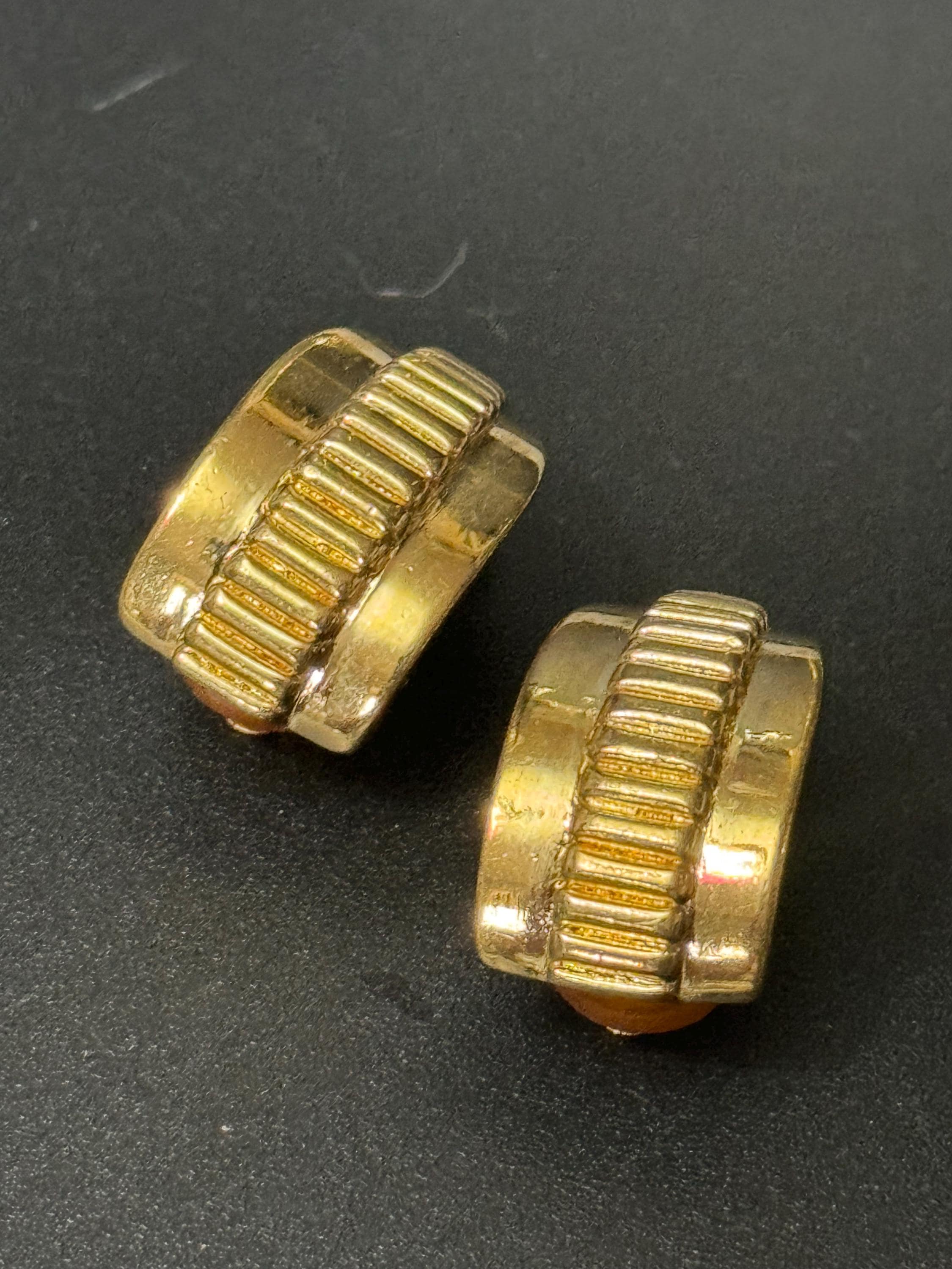 Signed BURBERRY gold tone half hoop clip on stud earrings, designer