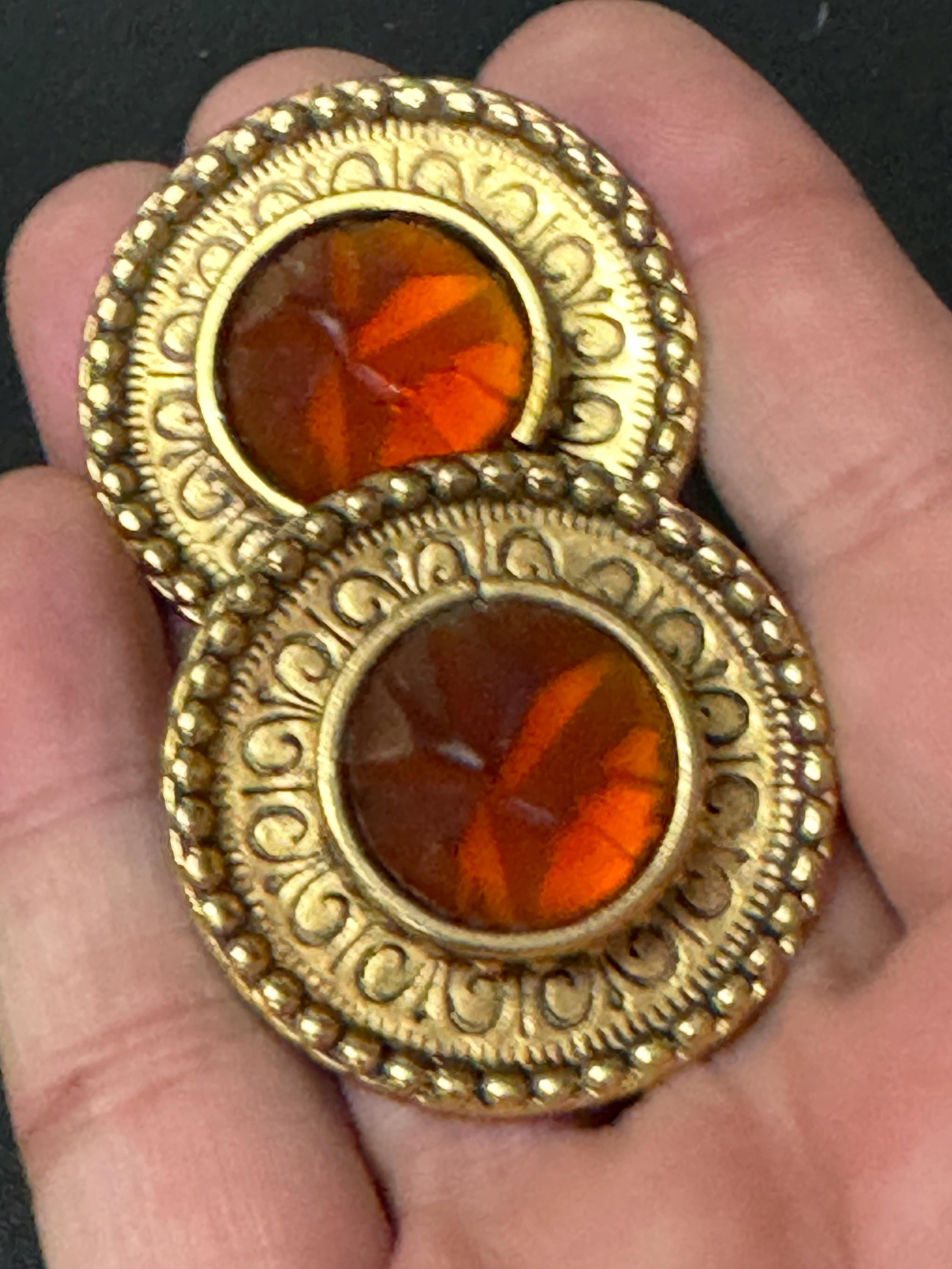 Vintage Zoe Coste Earrings: Gold Tone Etruscan Cabochon Discs