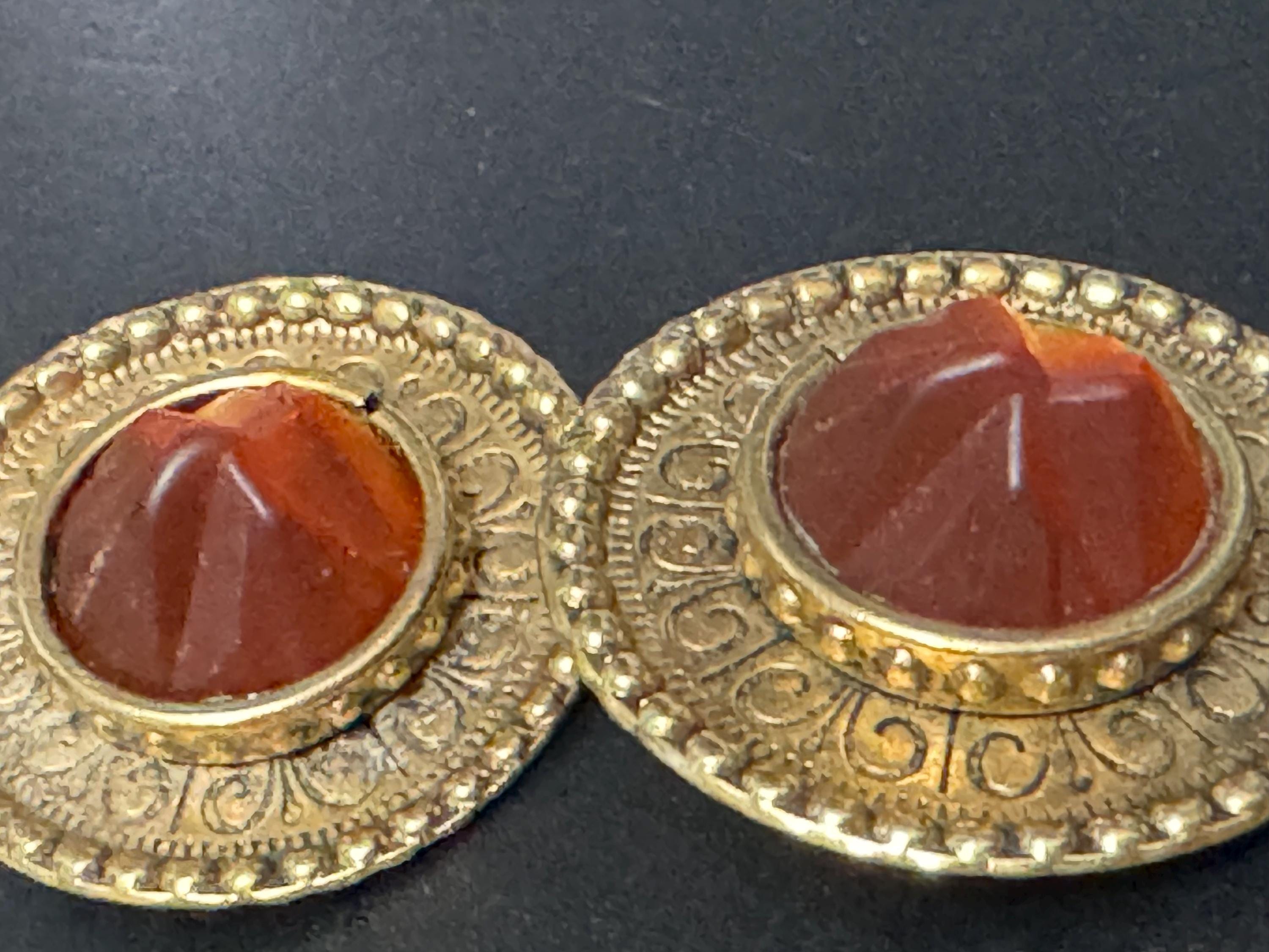 Vintage Zoe Coste Earrings: Gold Tone Etruscan Cabochon Discs