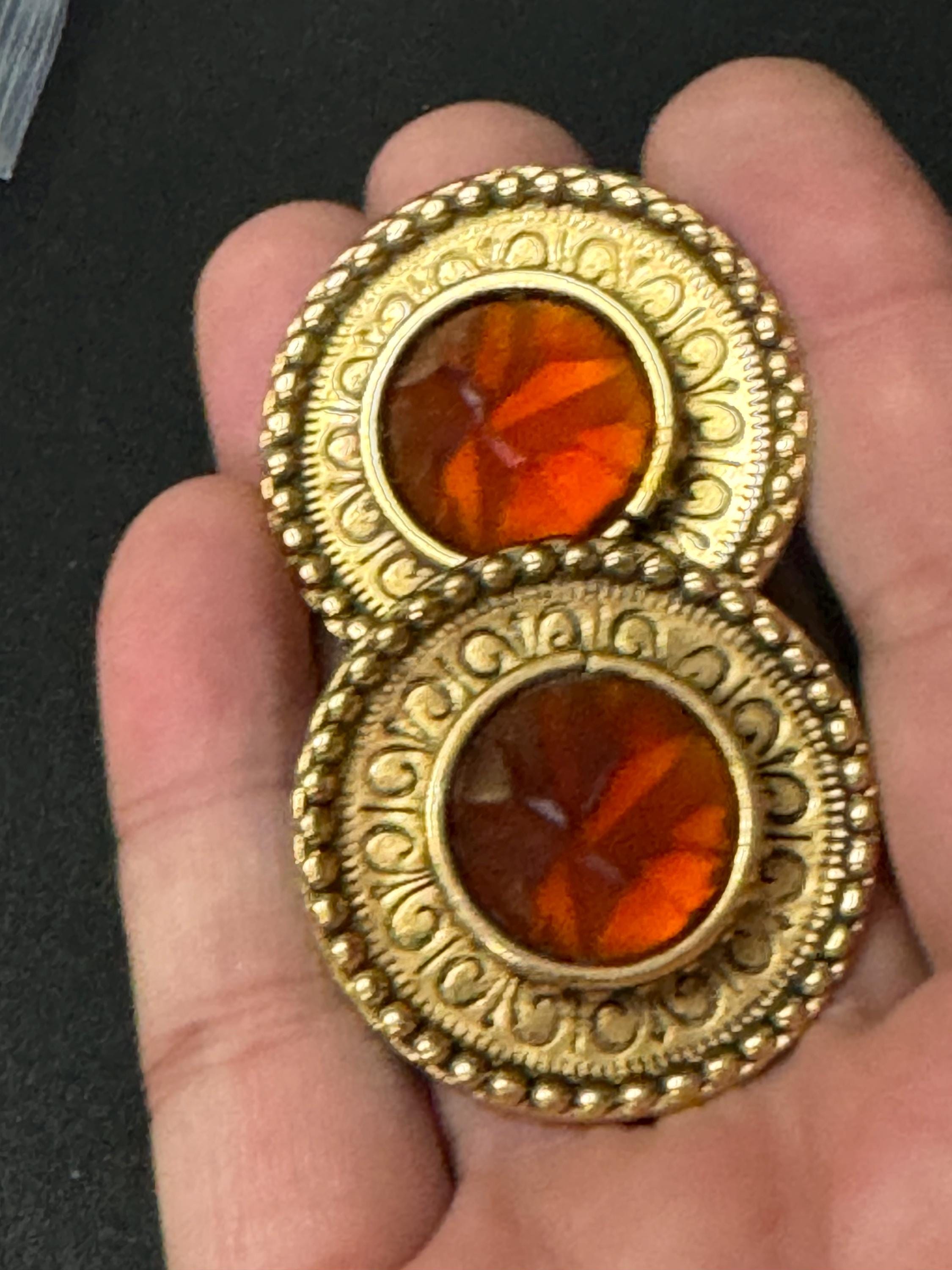 Vintage Zoe Coste Earrings: Gold Tone Etruscan Cabochon Discs