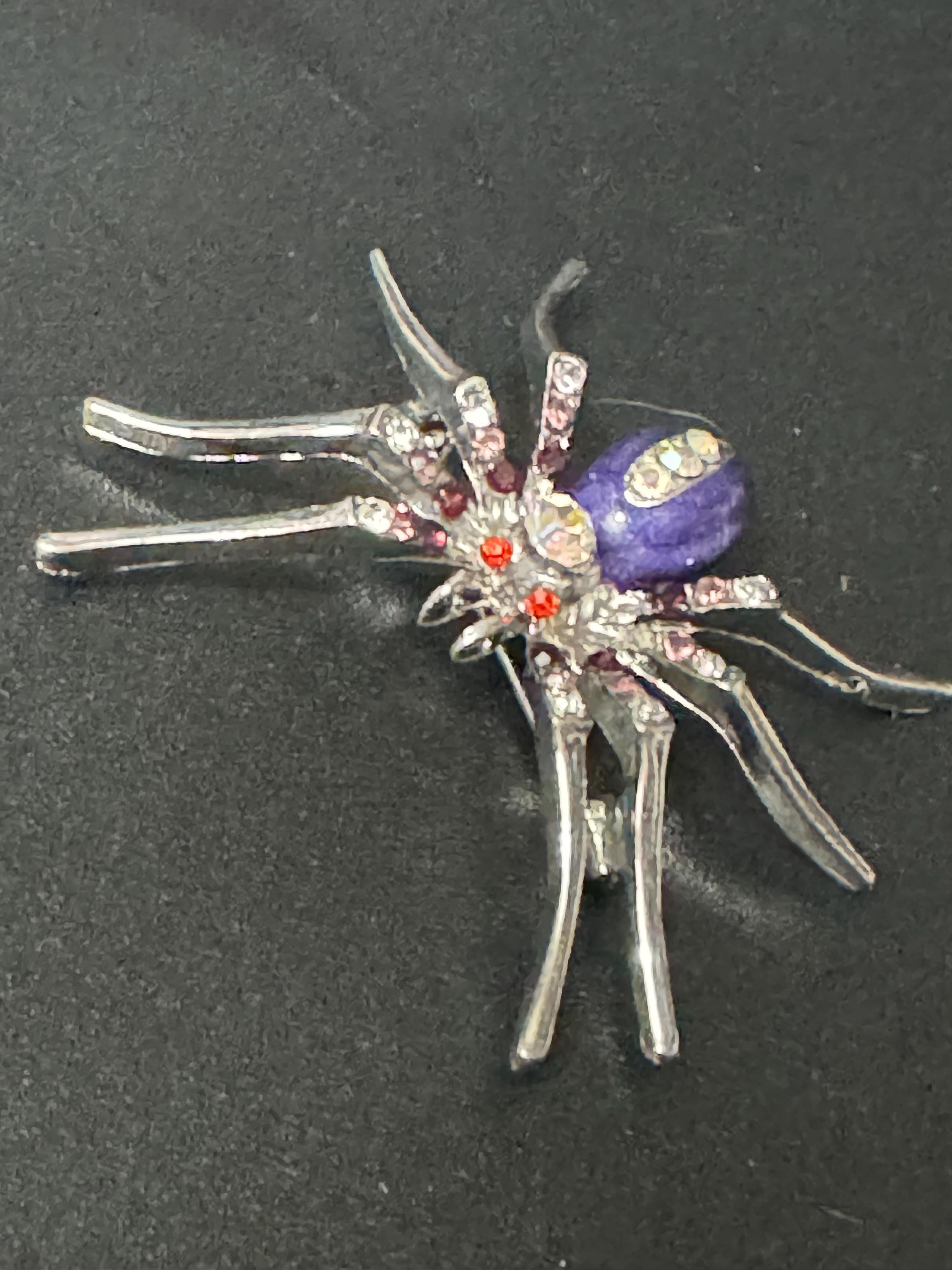 vintage silver tone spider brooch, AB diamanté rhinestones