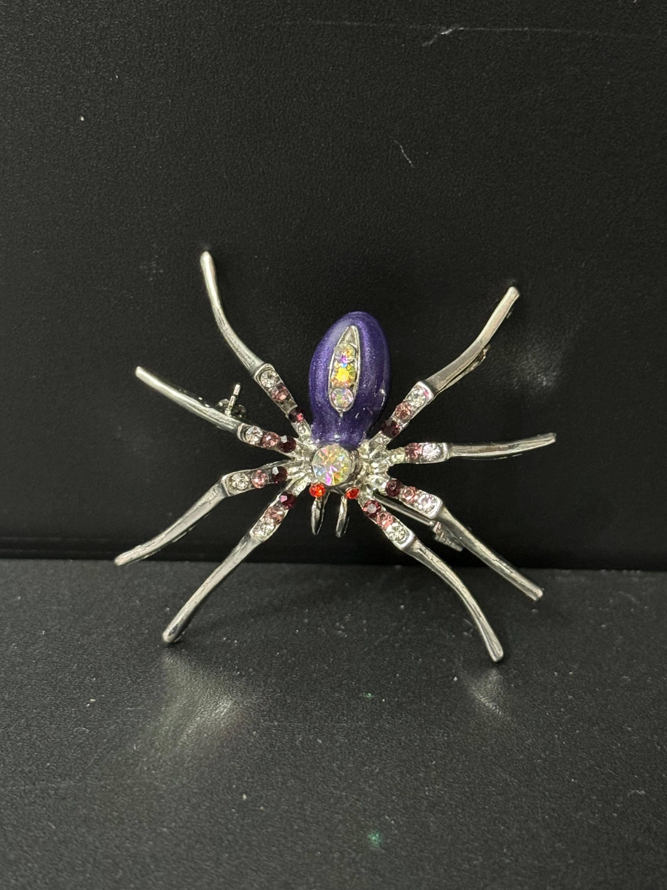 vintage silver tone spider brooch, AB diamanté rhinestones
