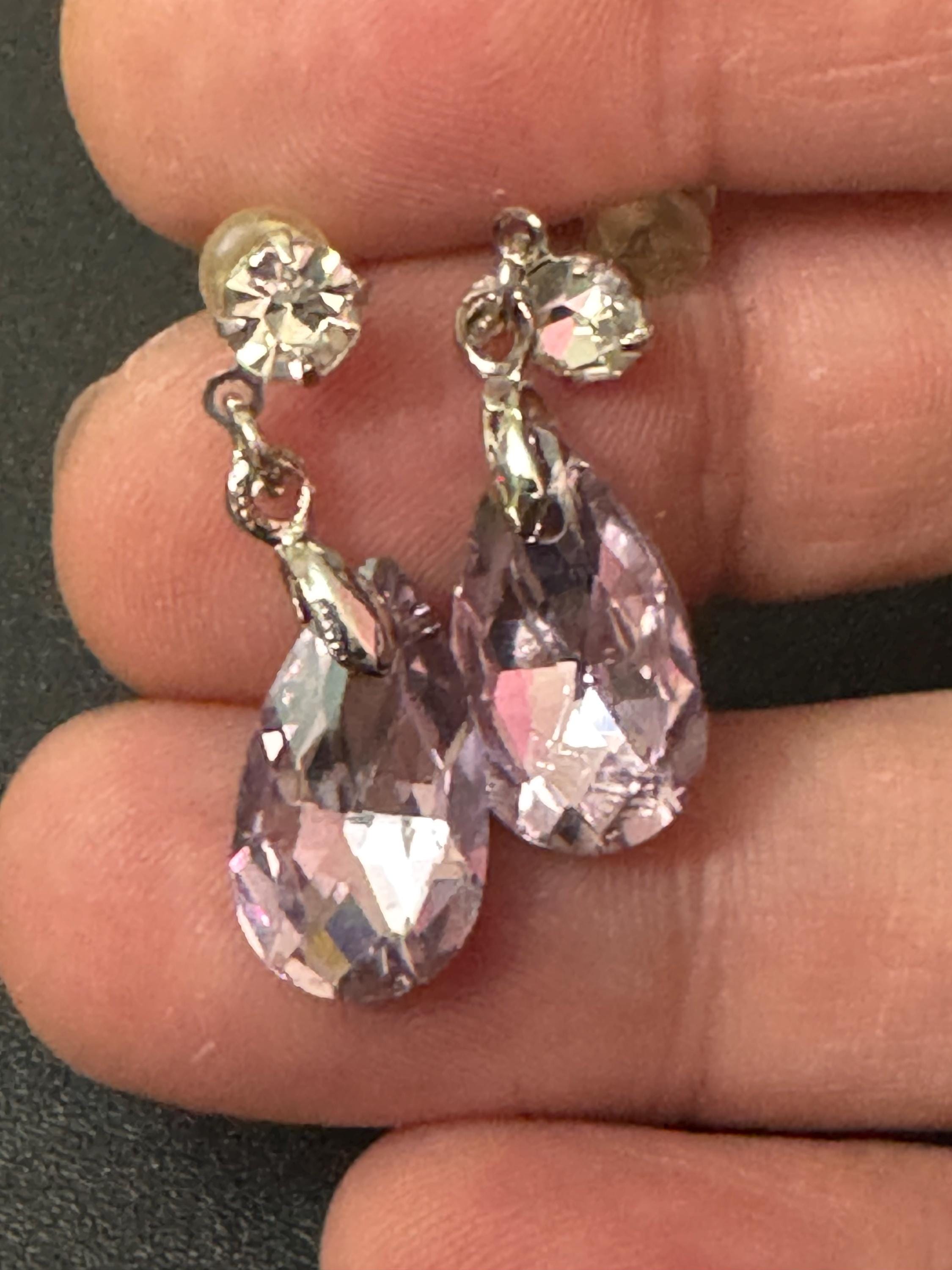 PINK Coloured Crystal diamanté teardrop dangly earrings retro unused shop stock pierced stainless steel