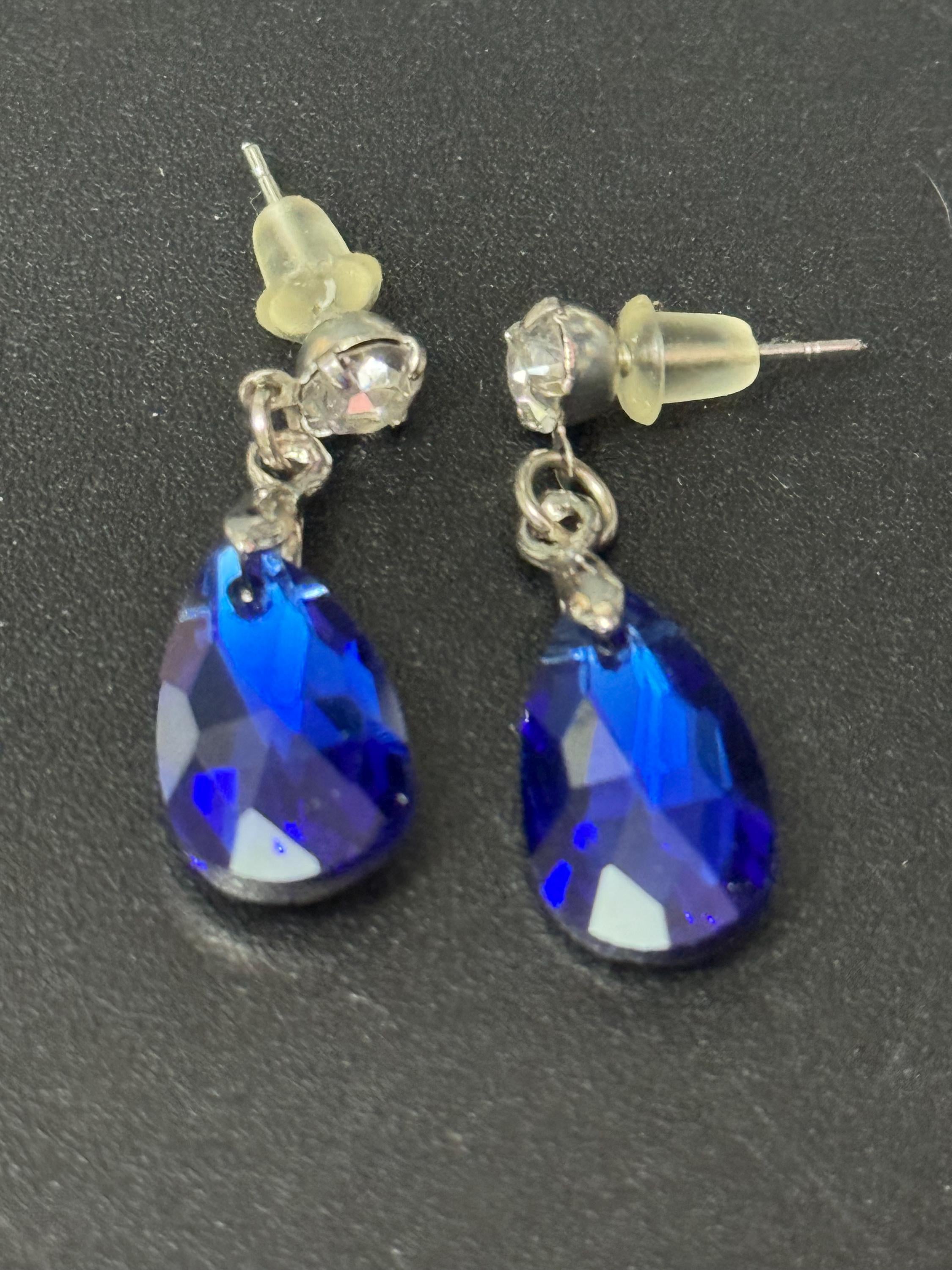 Sapphire blue Coloured Crystal diamanté teardrop dangly earrings retro unused shop stock pierced stainless steel