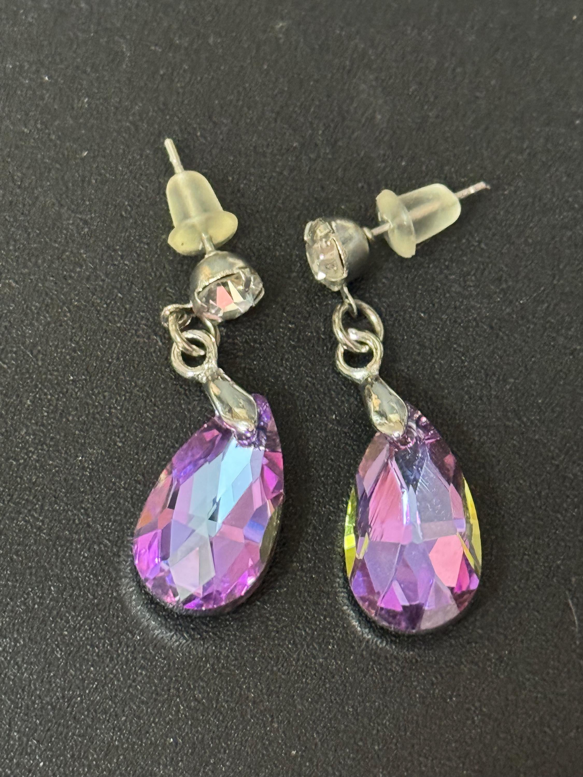 Coloured Crystal diamanté teardrop dangly earrings retro unused shop stock pierced stainless steel pink rainbow glass