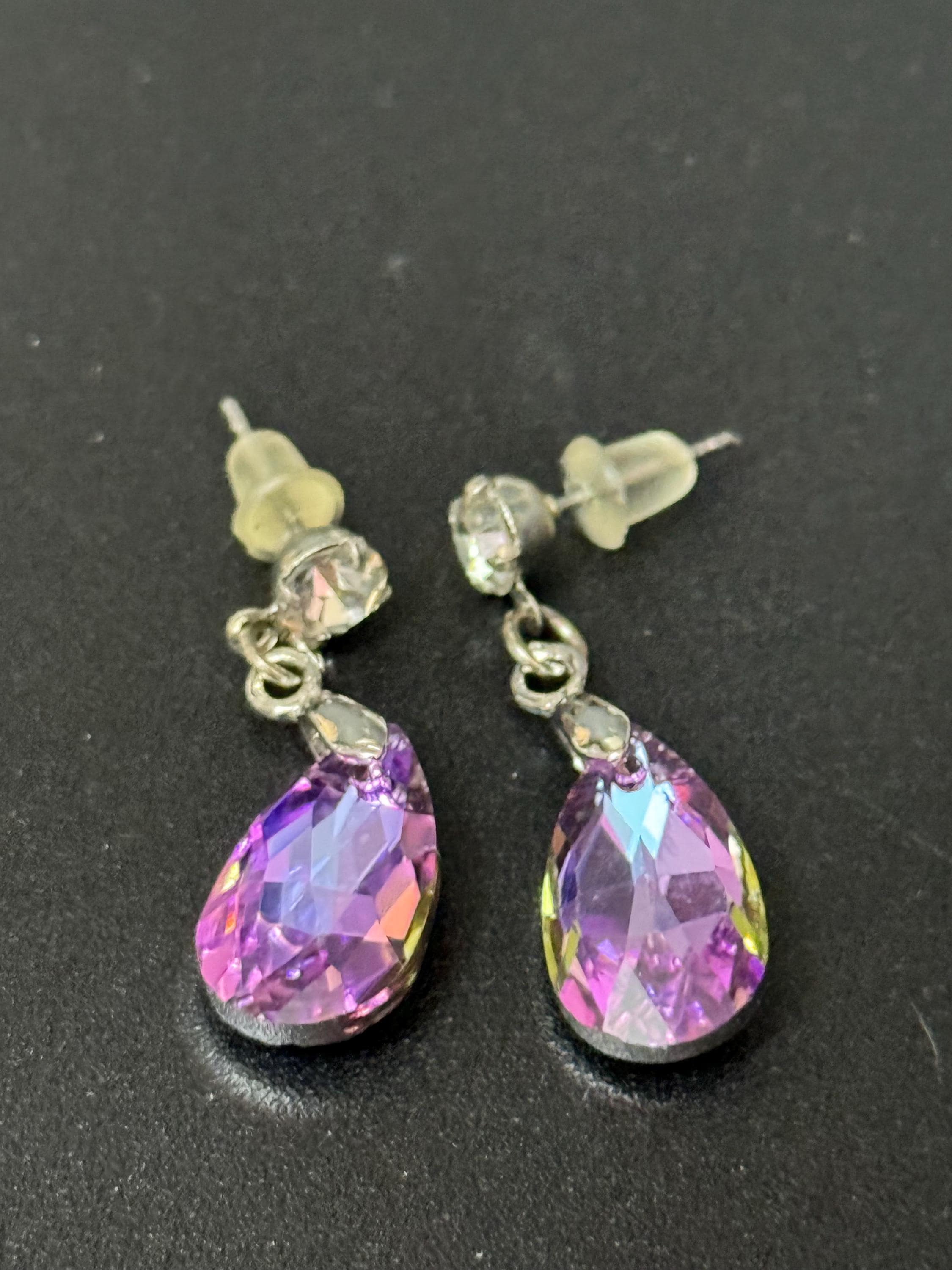Lilac Purple Crystal Teardrop Earrings: Retro Stainless Steel Dangle