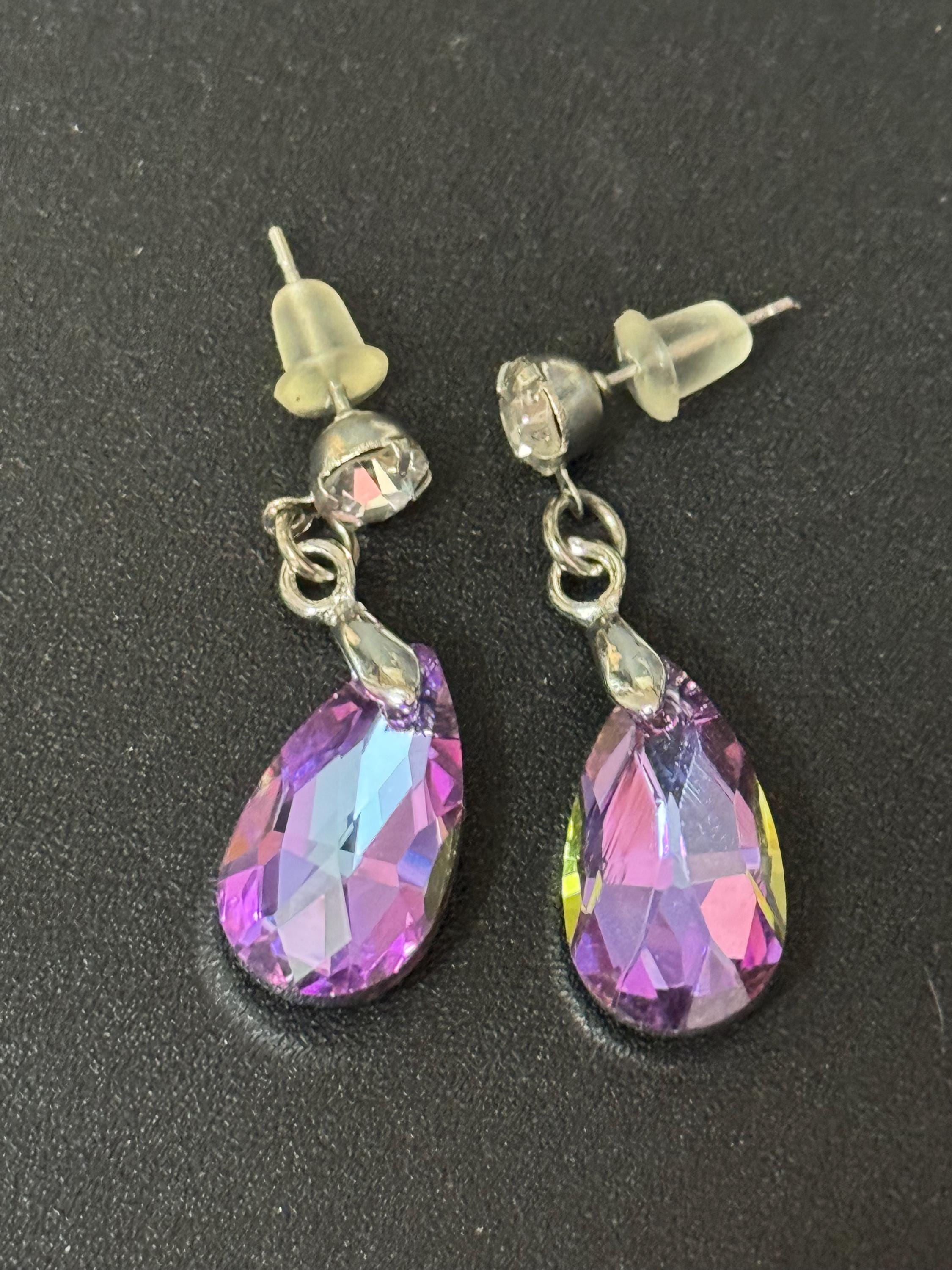Lilac Purple Crystal Teardrop Earrings: Retro Stainless Steel Dangle