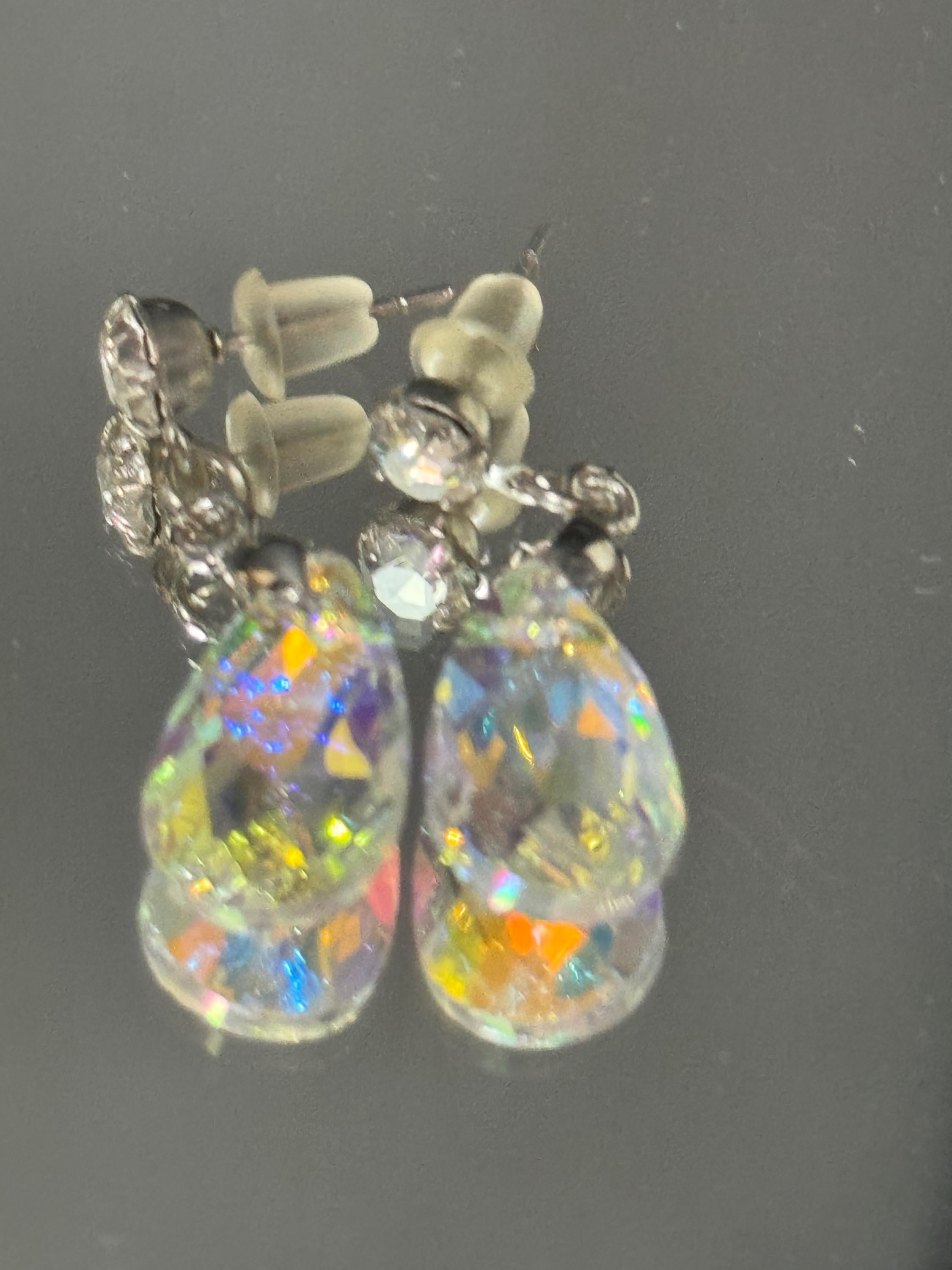 clear AB rainbow glass Coloured Crystal diamanté teardrop dangly earrings retro unused shop stock pierced stainless steel