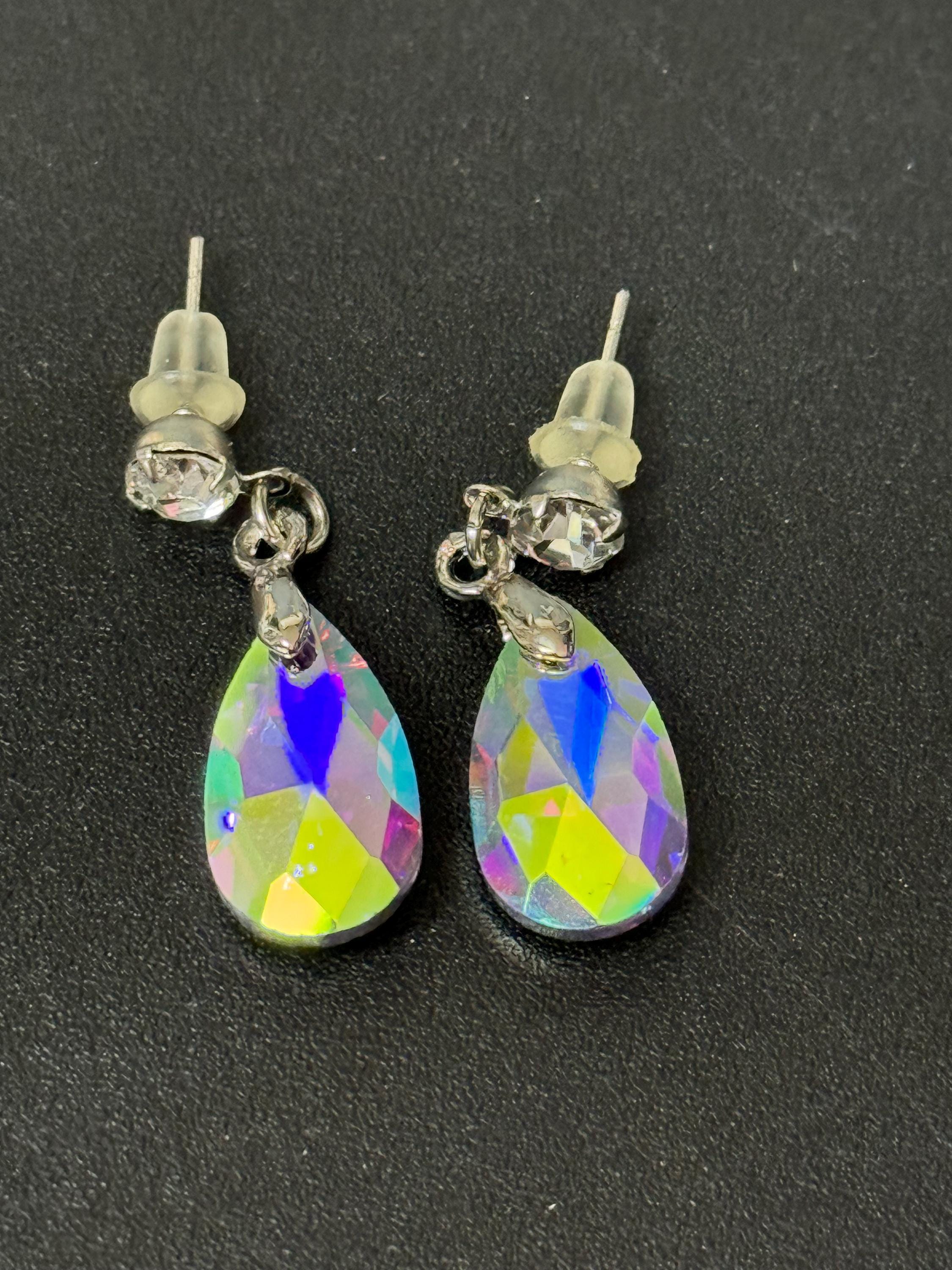 clear AB rainbow glass Coloured Crystal diamanté teardrop dangly earrings retro unused shop stock pierced stainless steel
