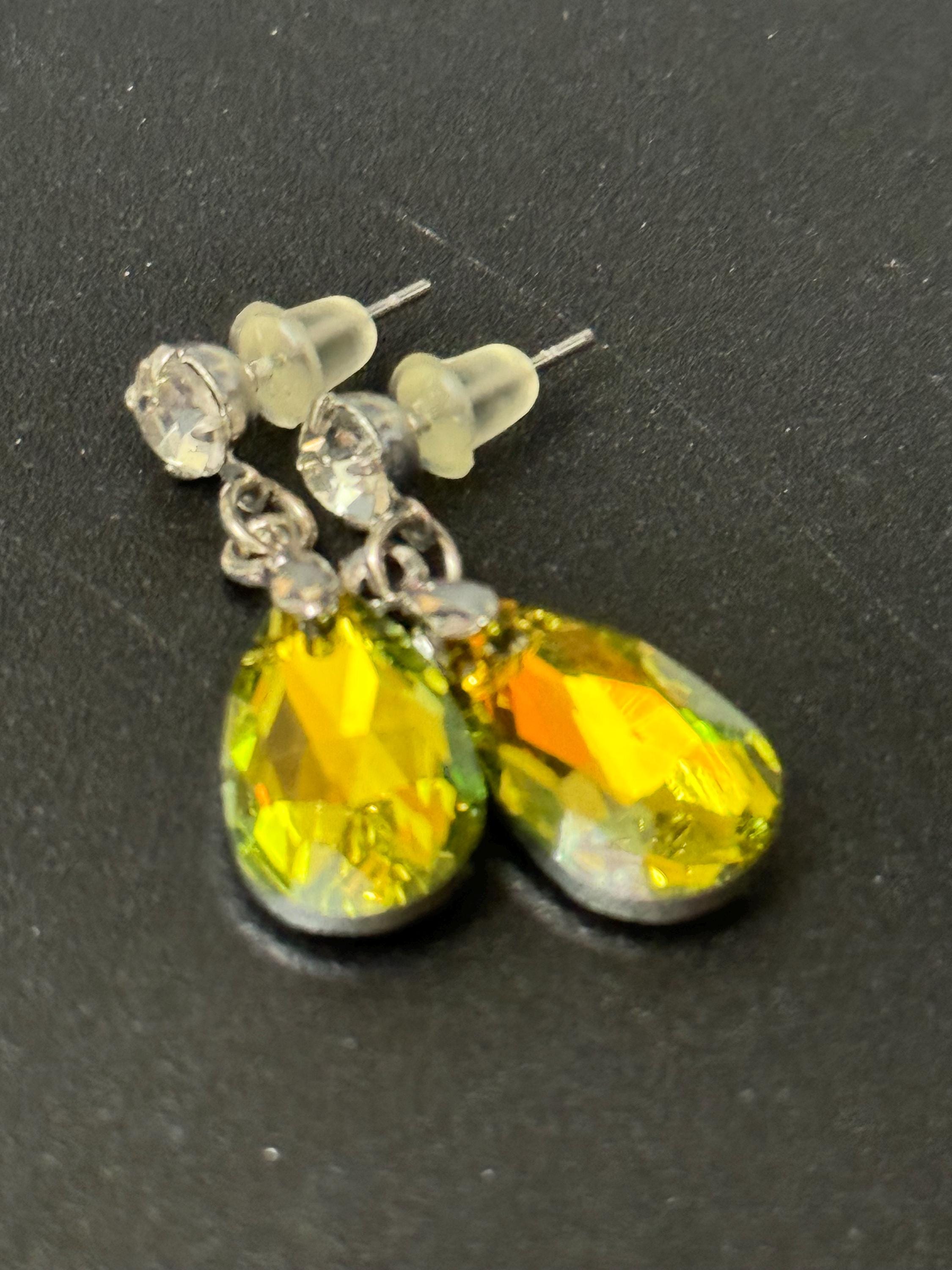 Citrine Crystal Teardrop Dangle Earrings: Retro Stainless Steel